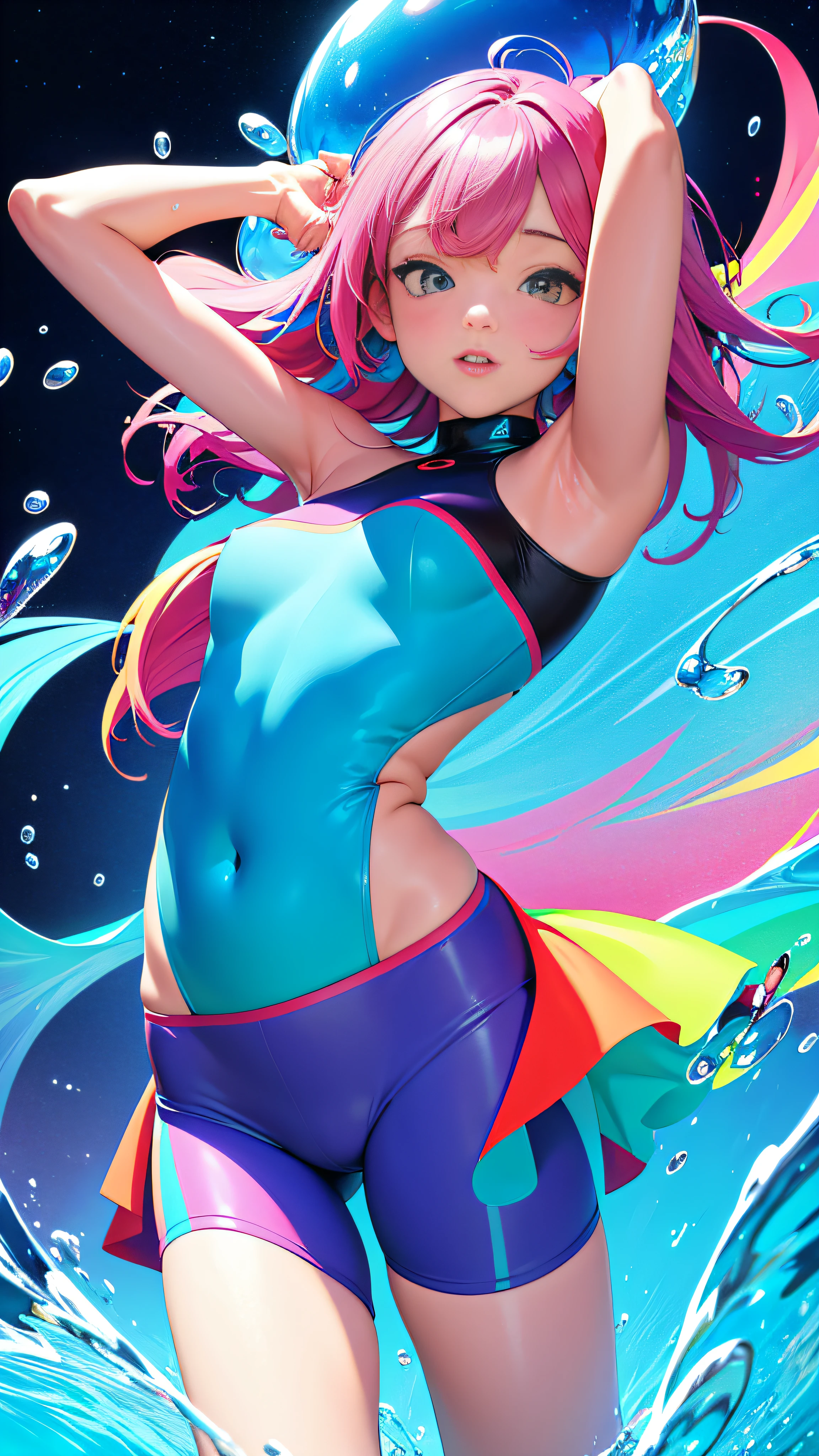(ultra detailed,ultra high res,detailed background),((2D)),((flat color)),((colorful)),((floating colorful water)),1girl,solo,looking at viewer,BREAK