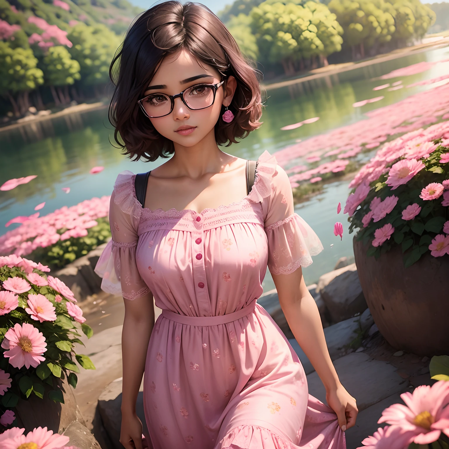 Dark brown short hair brown eyes brown skinned realistic Bangladeshi girl, with small breast size with glasses wearing a pink floral dress in valley of pink flowers surrounded my pink heart bubbles