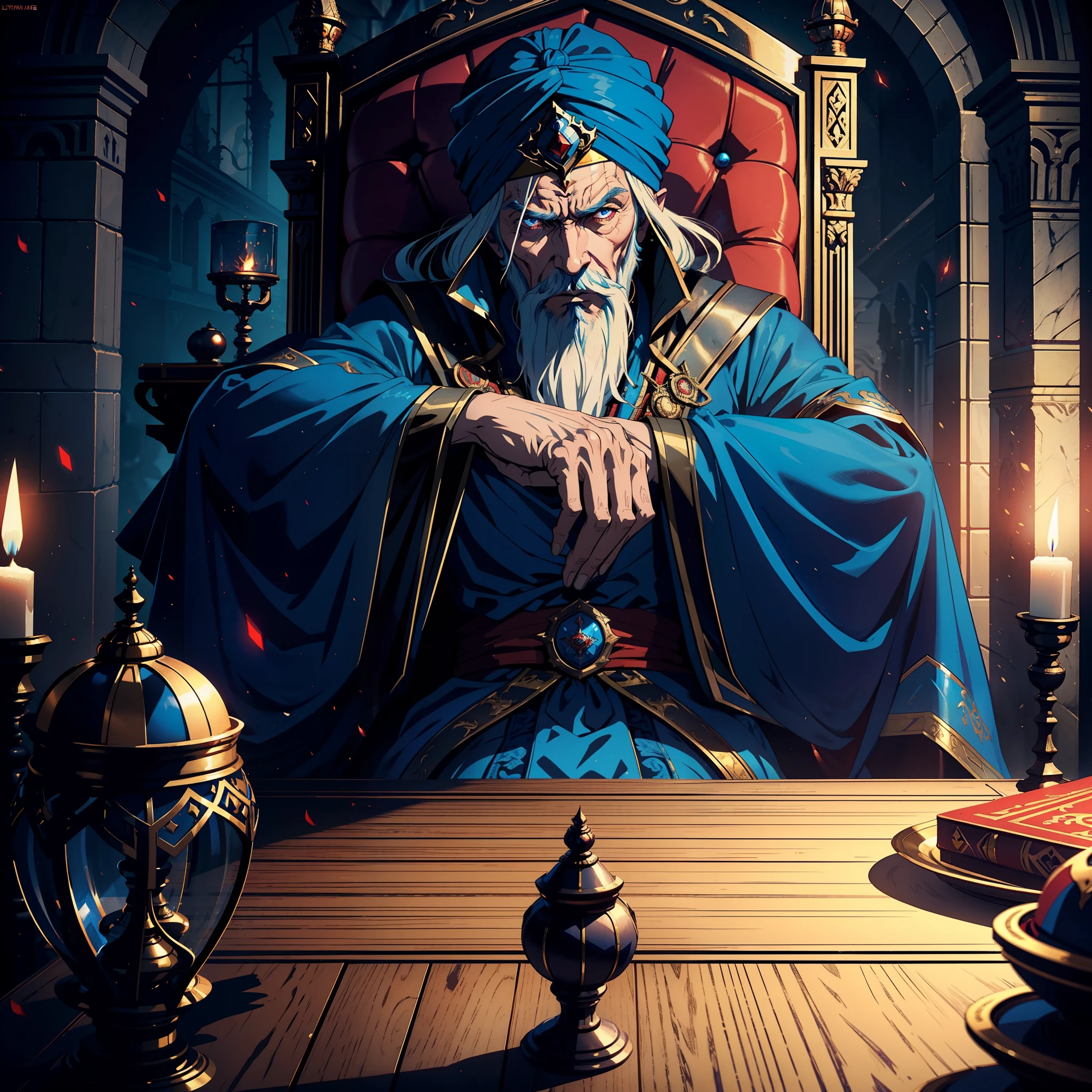 Castlevania Super Realistic Shadow Lord Super Detailed Dynamic Shot Centerpiece Cinematic Epic Movie Scenes Legendary King Sultan Old Man with Blue Turban Next To Him Lord Dracula In These Red Turban 15 Years In The Throne Room Legendary Scene View 3D Camera Scene View