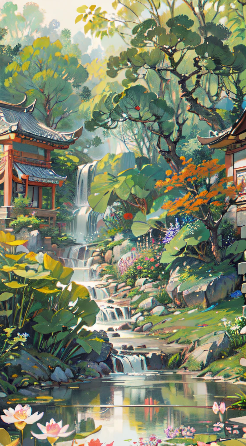 ((Best quality, masterpiece: 1.2)), CG, 8K, intricate details, cinematic perspective, (no one around), (Ancient Chinese garden), pond filled with lotus flowers, rocks, flowers, bamboo forests, waterfalls, wooded areas, small bridges spanning babbling streams, detailed foliage and flowers, (sunlight shining, sparkling waves), peaceful and serene atmosphere, ((soft and elegant colors)), ((exquisitely crafted composition))