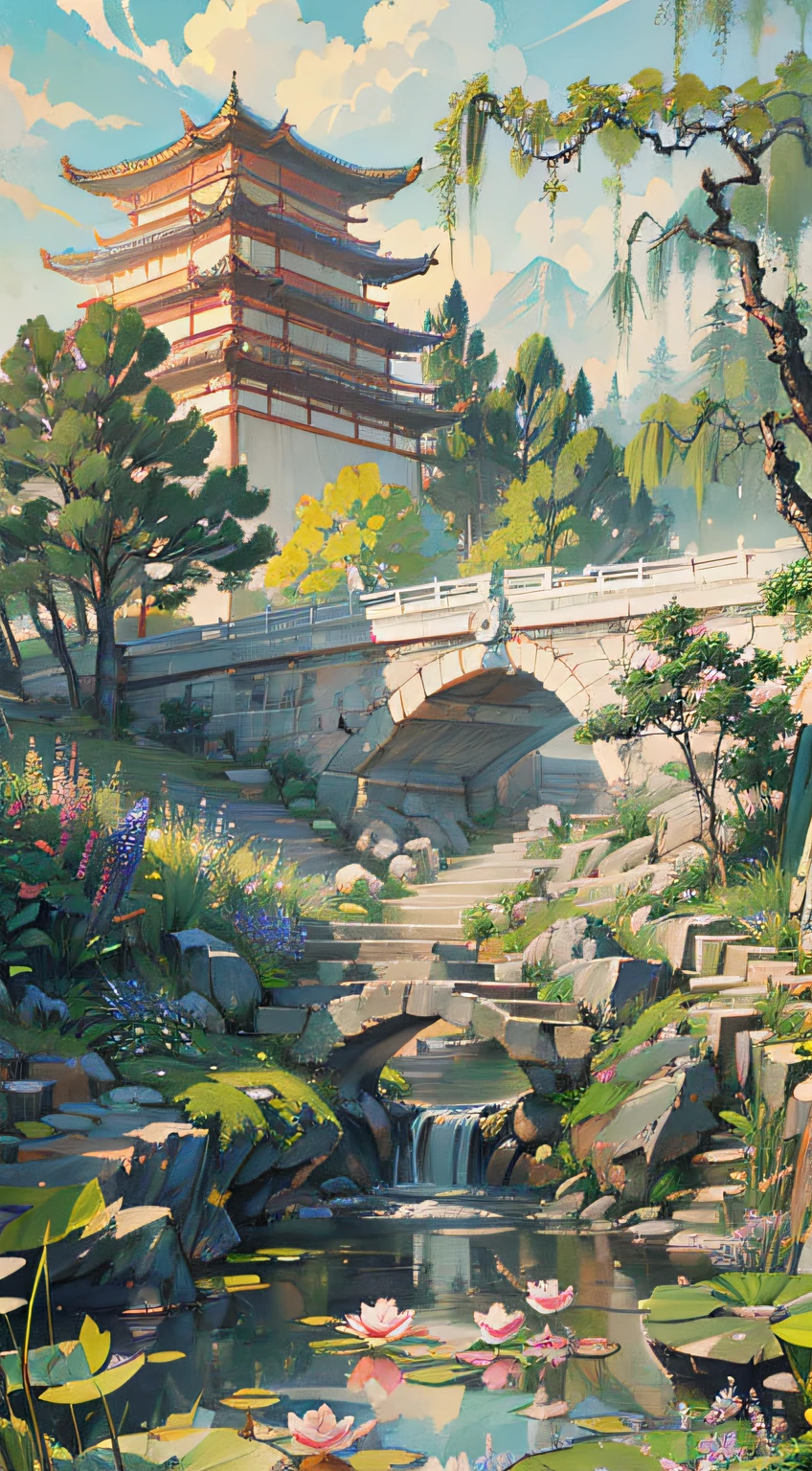 ((Best quality, masterpiece: 1.2)), CG, 8K, intricate details, cinematic perspective, (no one around), (Ancient Chinese garden), pond filled with lotus flowers, rocks, flowers, bamboo forests, waterfalls, wooded areas, small bridges spanning babbling streams, detailed foliage and flowers, (sunlight shining, sparkling waves), peaceful and serene atmosphere, ((soft and elegant colors)), ((exquisitely crafted composition))