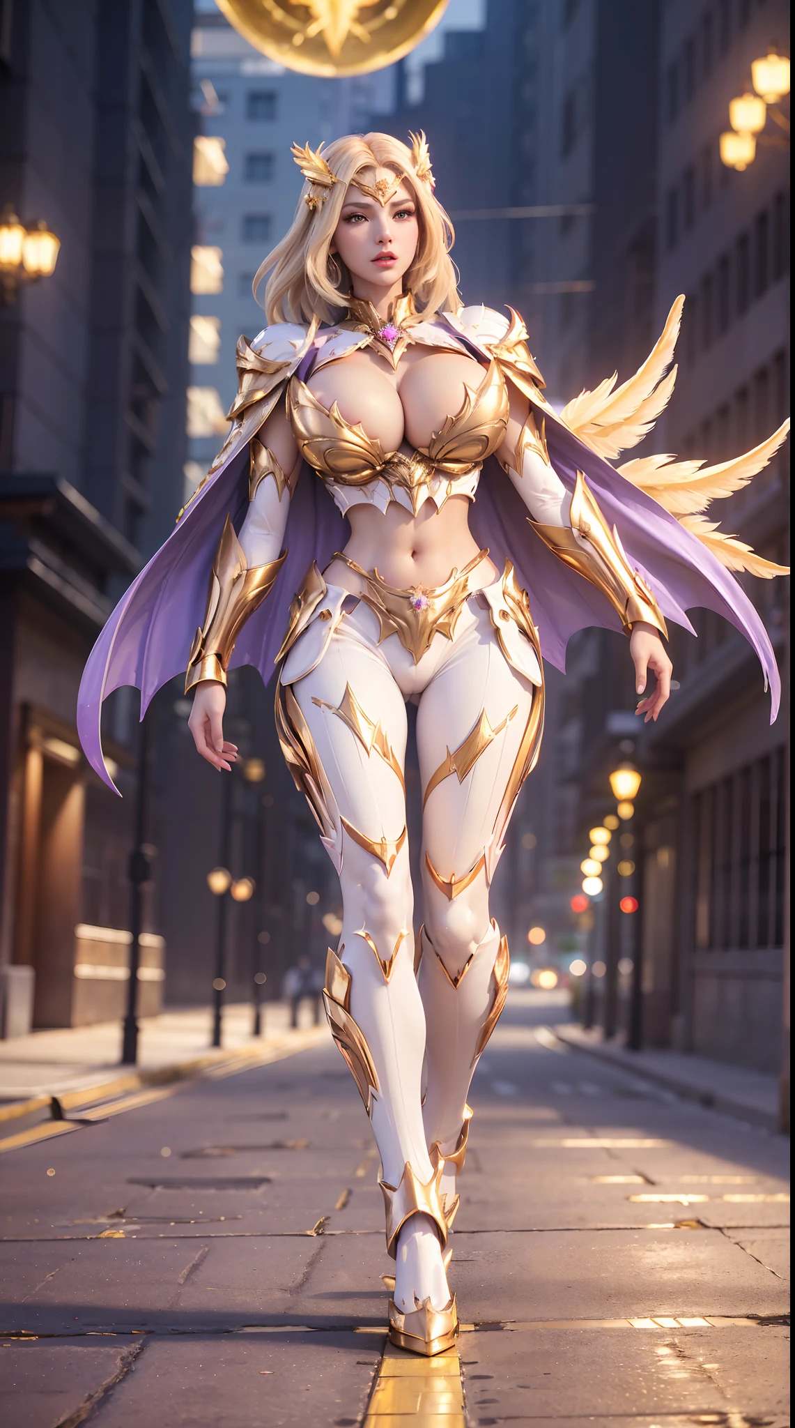 1GIRL, SOLO, (blond hair, hair gold ornament), (DW HUGE FAKE BREASTS:1.3), (white, purple, gold, FUTURISTIC PHOENIX MECHA ARMOR CROP TOP, ROYAL CAPE, CLEAVAGE:1.5), (SKINTIGHT YOGA PANTS, HIGH HEELS:1.2), (NSFW GLAMOROUS BODY, SEXY LONG LEGS, FULL BODY:1.3), (FROM FRONT, LOOKING AT VIEWER:1), (WALKING DOWN ON STREET NIGHT CITY:1.3), PHYSICALLY-BASED RENDERING, ULTRA HIGHT DEFINITION, 8K, 1080P.