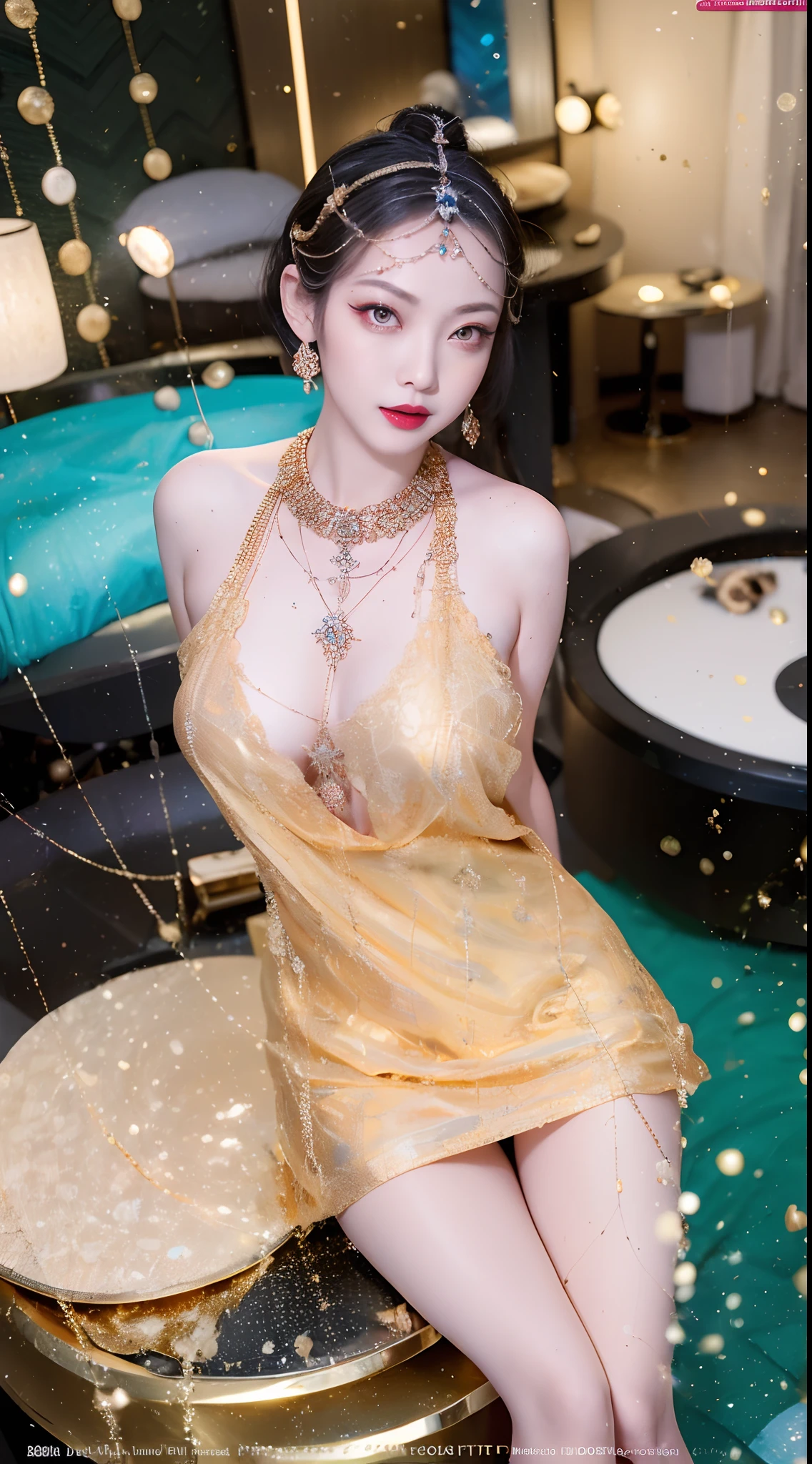 1 beautiful and sexy 20 year old girl, ((wearing Sexy yellow super thin dress :1)), not wearing pants, sexy hanfu style, ((long black hair:1.5)), jewelry elaborately made from precious stones and beautiful hair, ((wearing a 24k gold lace necklace:1.4)), the noble, noble style of an extremely beautiful girl, her small face is super cute, her face is very pretty, thin eyebrows, flawless beautiful face, ((black eye pupils: 0.8)), very beautiful eyes, ((light red eyes: 1.5)), (((big round eyes:1.6))), nice makeup and hair detailed eyelashes, steamy eye makeup, high nose, earrings, red lips, ((closed mouth: 1.5)) beautiful lips, slim hands, most beautiful thighs, ((arms spread out to the sides: 1.5)), rosy face, clean face, flawless beautiful face, smooth white skin, (big breasts: 1.5)), tight breasts, beautiful cleavage, (((big breasts and super round: 1.8))), beautiful breasts, perfect body, ((put girl's arms behind her back:1.6)), chest out, sit down on the bed, ((Open your legs:1.5)), not ashamed, 8k photo, super high quality, super realistic, super 10x pixels, optical, bright studio, bright edges, dual-tone lighting, (high-detail skin:1.2), super 8k, soft lighting, high quality, volumetric lighting, photorealistic, photorealistic high resolution, lighting, best photo, 4k, 8k quality, smooth sharp, 10x pixel, ((royal villa background:1.5)), aurora, lightning, super graphics realistic, most realistic graphics, 1 girl, alone, solo, Extremely sharp image, surreal, ((portrait:1.5))."