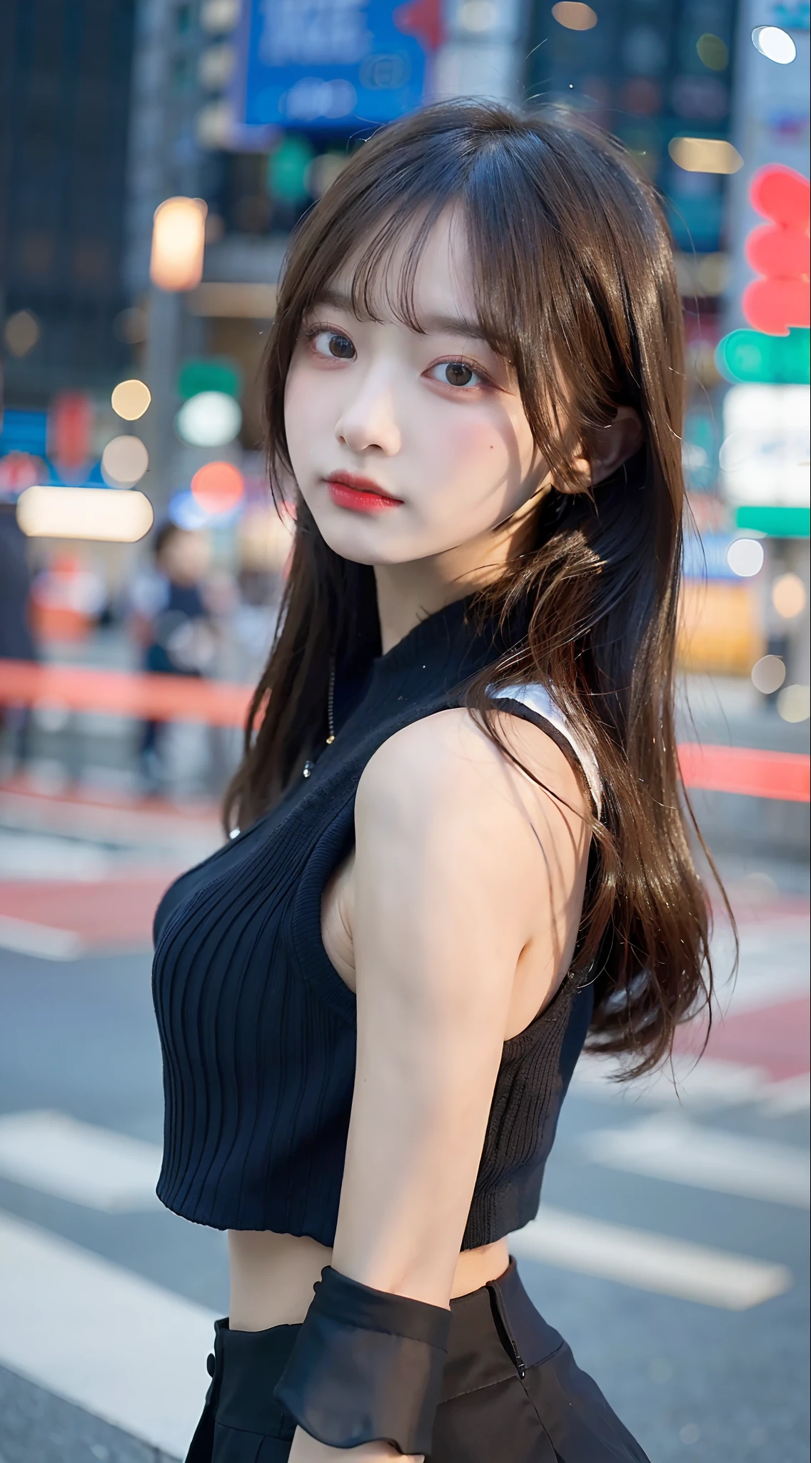 A close up of a woman in a black top and skirt - SeaArt AI