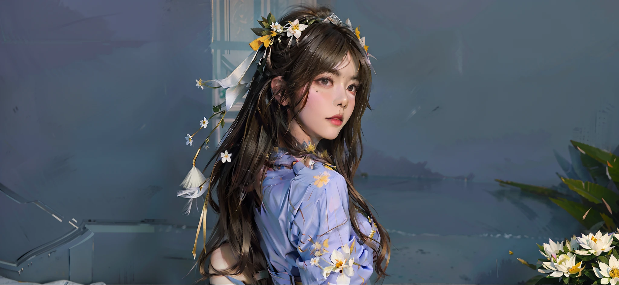 there is a woman with a flower crown on her head, artwork in the style of guweiz, render of april, realistic artstyle, realism artstyle, made with anime painter studio, lotus floral crown girl, flower crown, guweiz, the flower crown, kawaii realistic portrait, wearing a floral crown, painted in anime painter studio, a digital painting