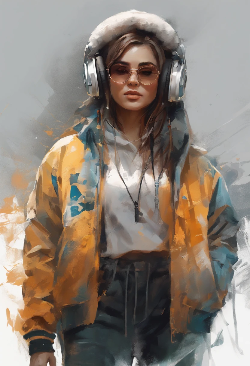 Perfect centering, Cute anime girl, Wear a student team jacket, Wearing sunglasses, Wearing headphones, cheerfulness, Standing position, Abstract beauty, Centered, Looking at the camera, Facing the camera, nearing perfection, Dynamic, Highly detailed, smooth, Sharp focus, 8K, high definition resolution, illustration, Art by Carne Griffiths and Wadim Kashin, White background, black person