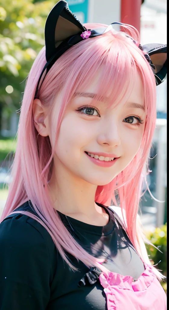 (ultra-detailliert), Frontal Face,head shot, Front view,Cute princess dresses in black,(frilly dress),(shortsleeves),Blue eyes,The upper part of the body、cowboy  shot、faces、(A smile:1.5),(facing front:1.2), 20yr old, teens girl,no tail,(no tail),2D, ​masterpiece, top-quality, animesque, A detailed eye, A detailed face, girl with, Only 1 person,Medium hair with pink hair, (Pink hair),  small tits, straight haired、 Stand at the intersection、(No headband)、No ears
