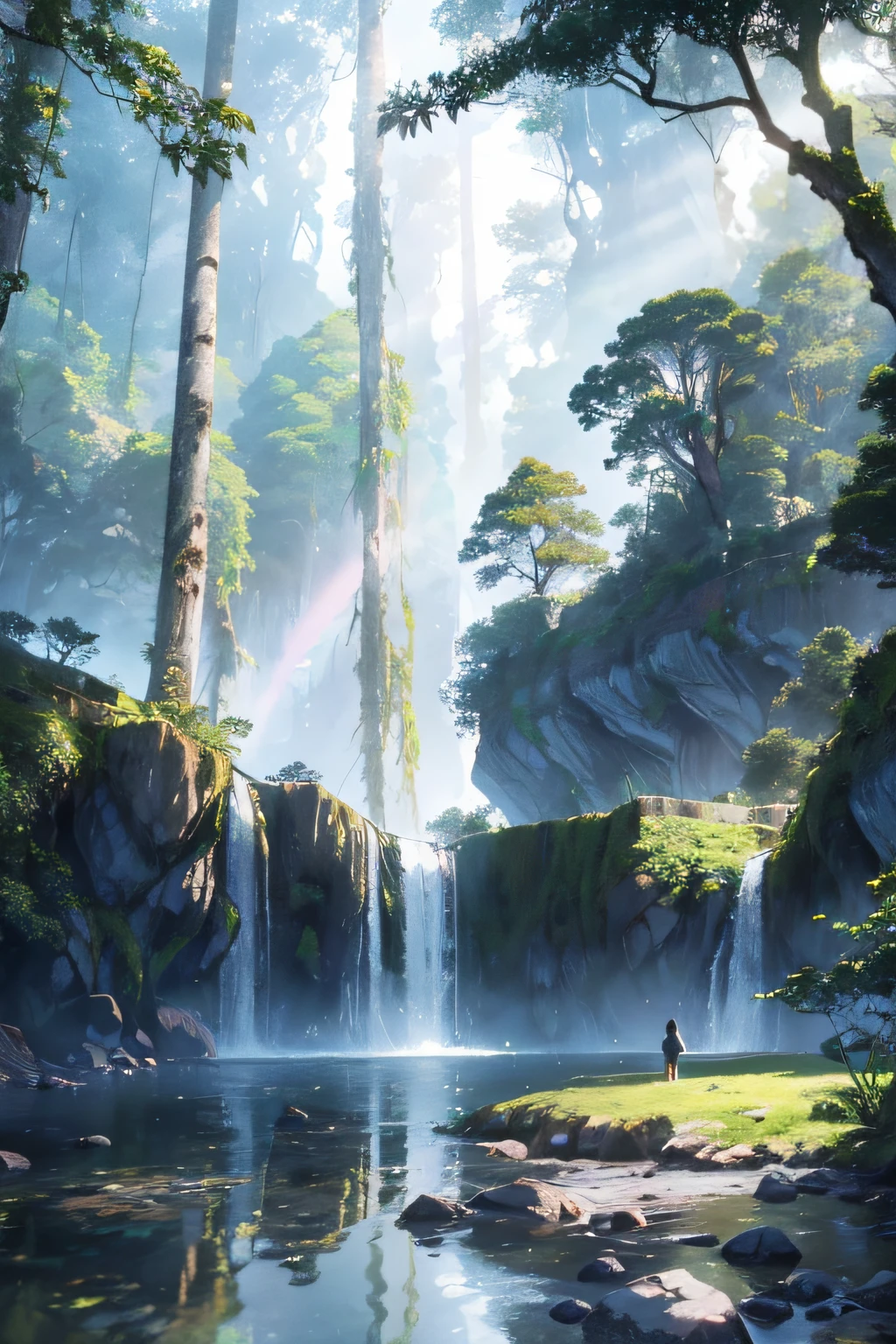 Nothing, Ultra detailed, (No Man:1.3), Break , Create an image using the Deep Color Iridescent Prism effect, Light refraction，Creates an ethereal cinematic look. Break , Design images with cinema lenses , capturing a wide field of view with a distinctive, curved perspective. Break , Capture the wide river,Dense rainforest  , Dense trees with age, Rocks, waterfallr,Trees with colorful flowers,Dappled sunlight, and a sense of tranquility and natural beauty. Break , Illustrate the world of rainforests, Only natural ???? tones are used to convey depth, Emotion, and a striking visual impact