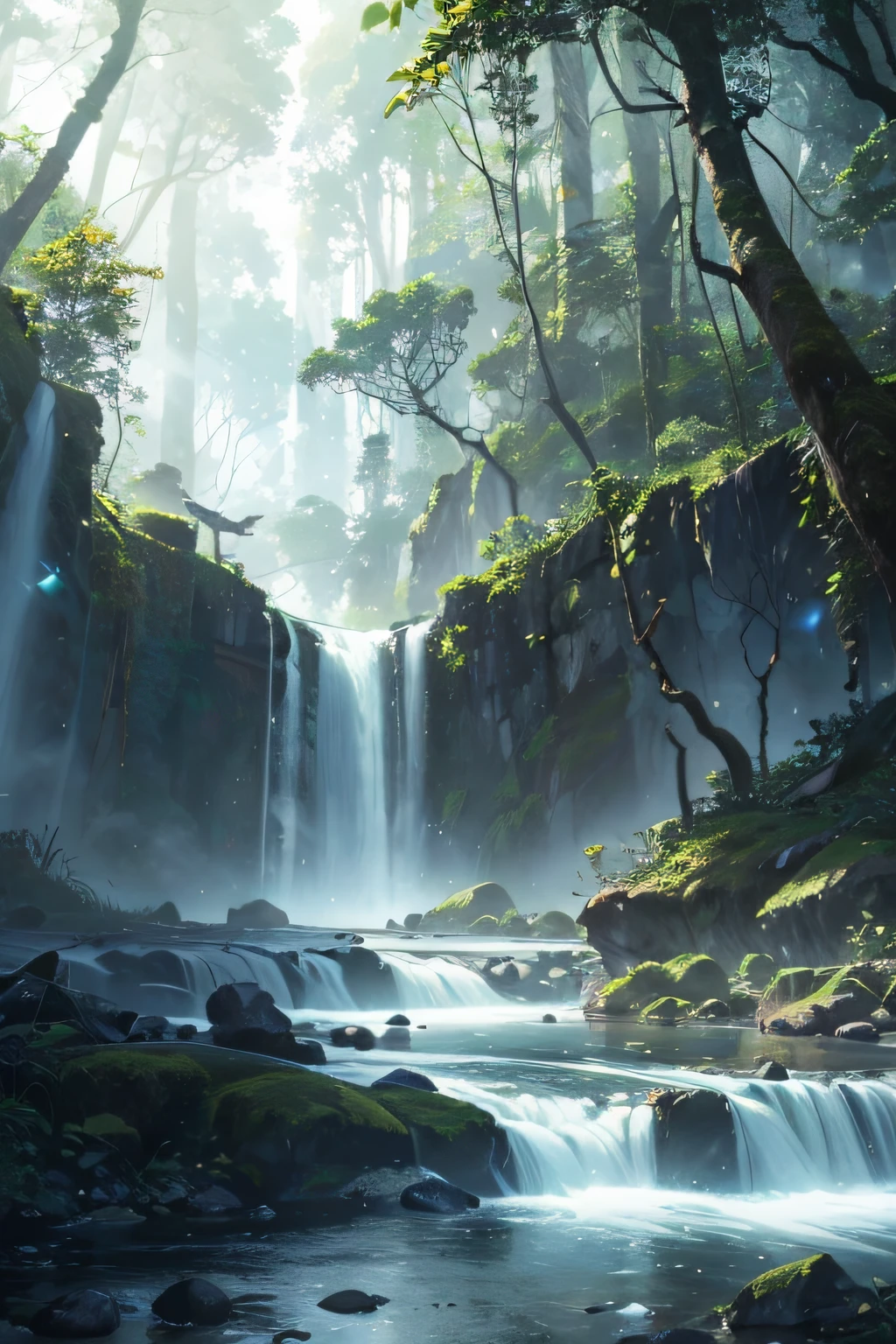 Nothing, Ultra detailed, (No Man:1.3), Break , Create an image using the Deep Color Iridescent Prism effect, Light refraction,Creates an ethereal cinematic look. Break , Design images with cinema lenses , capturing a wide field of view with a distinctive, curved perspective. Break , Capture the wide river,Dense rainforest , Dense trees with age, Rocks, waterfallr,Trees with colorful flowers,Dappled sunlight, and a sense of tranquility and natural beauty. Break , Illustrate the world of rainforests, Only natural gore tones are used to convey depth, Emotion, and a striking visual impact