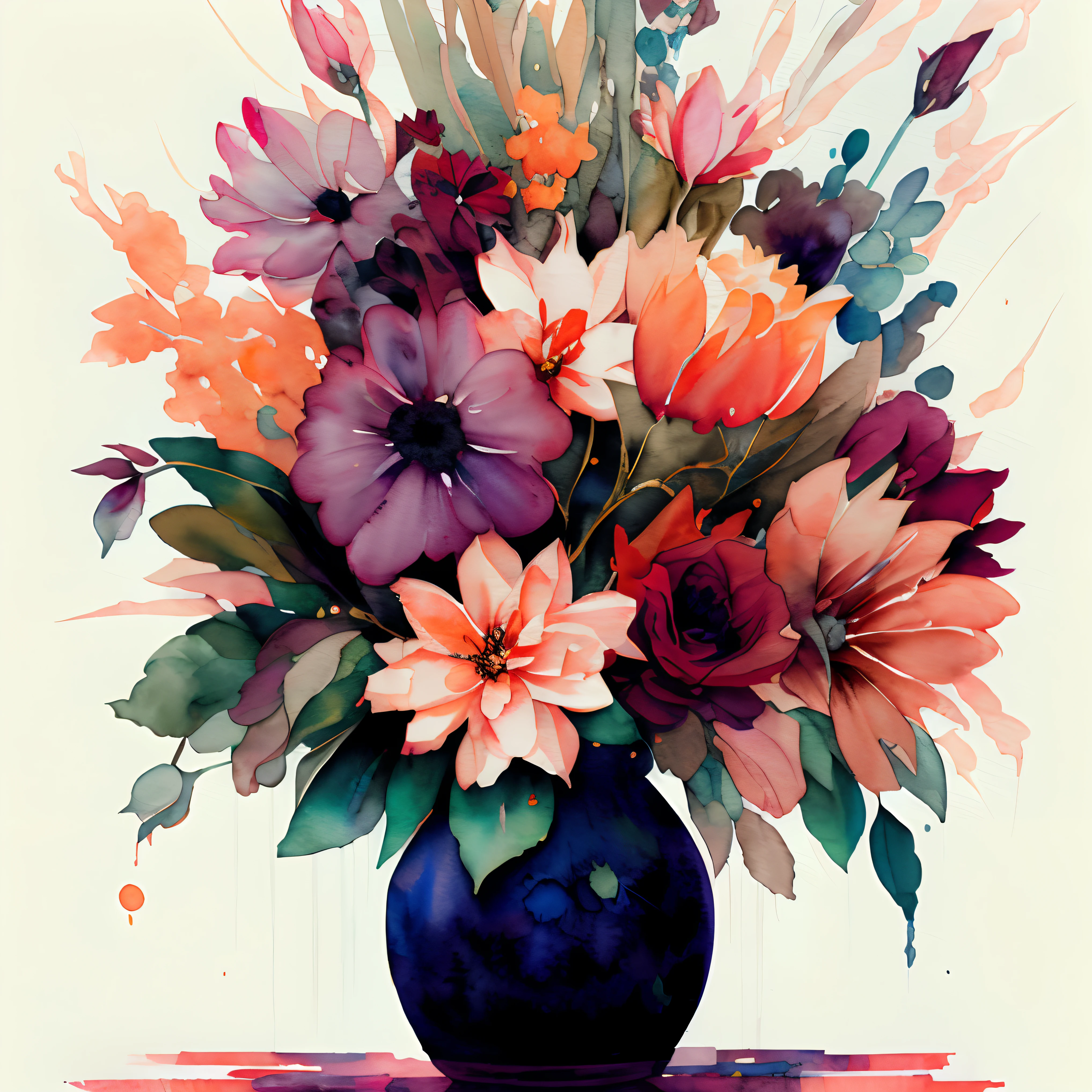 wtrcolor style, black canvas, Digital art of a vase with flowers, unique bouquet, official art, masterpiece, Beautiful, ((watercolor)), paint splatter, intricate details. Highly detailed, detailed flower, [dripping:0.5], Trending on artstation, by Rachel Walker,