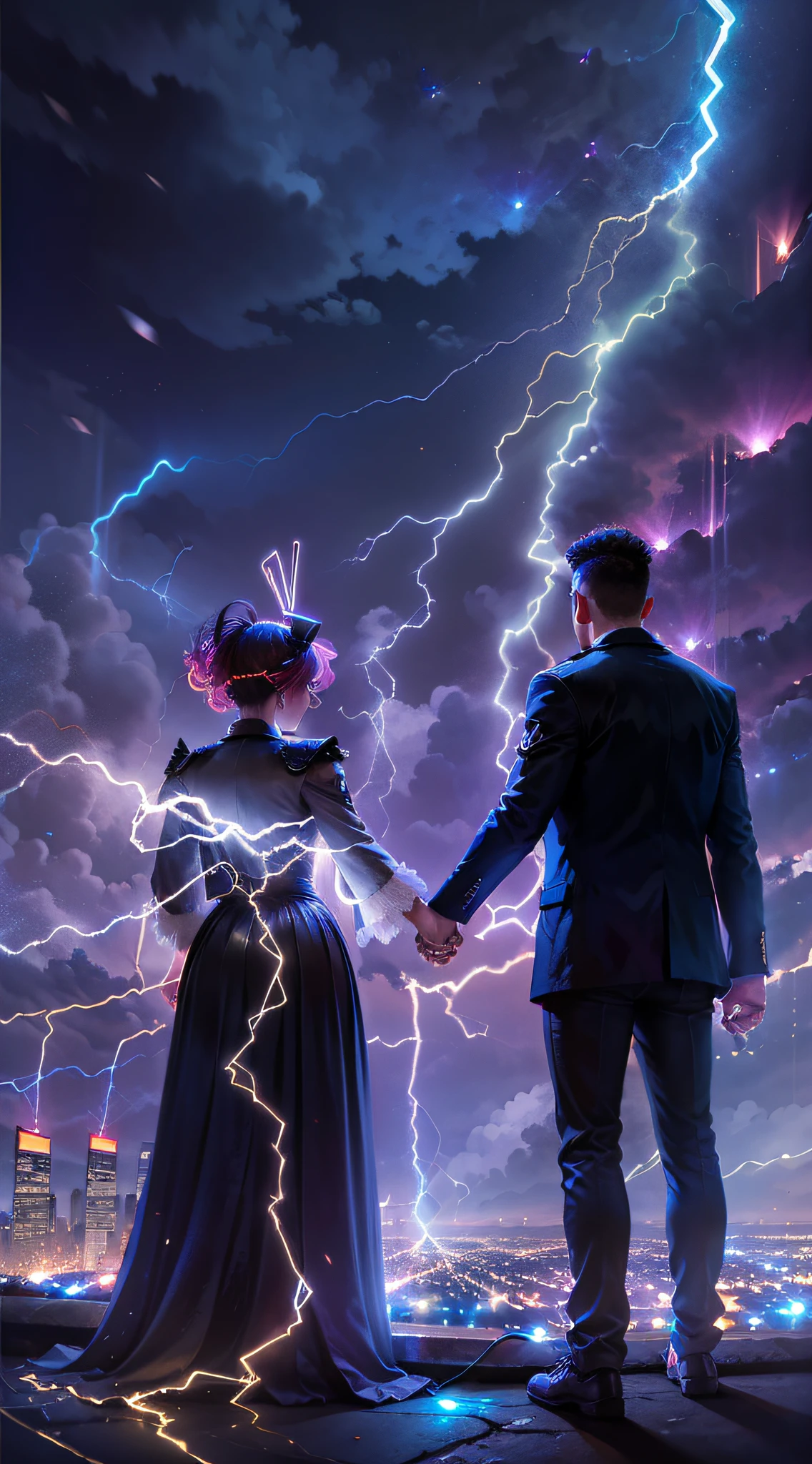 Man and woman holding hands, romance, Electropunk, tesla coils. Arc Electricity, unusually, Masterpiece, Big, ultradetail, City Rooftops, The Sky Is Good, the night, 24k. hiquality, in detail, Bright flashes of electric discharges