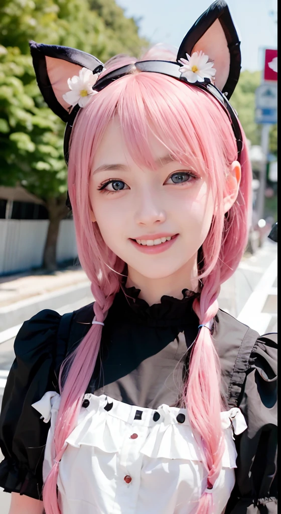 (ultra-detailliert), Frontal Face,head shot, Front view,Cute princess dresses in black,(frilly dress),(shortsleeves),Blue eyes,The upper part of the body、cowboy shot、faces、(A smile:1.5),(facing front:1.2), 20yr old, teens girl,no tail,(no tail),2D, masterpiece, top-quality, animesque, A detailed eye, A detailed face, girl with, Only 1 person,Medium hair with pink hair, (Pink hair), small tits, straight haired、 Stand at the intersection、(No headband)、No ears