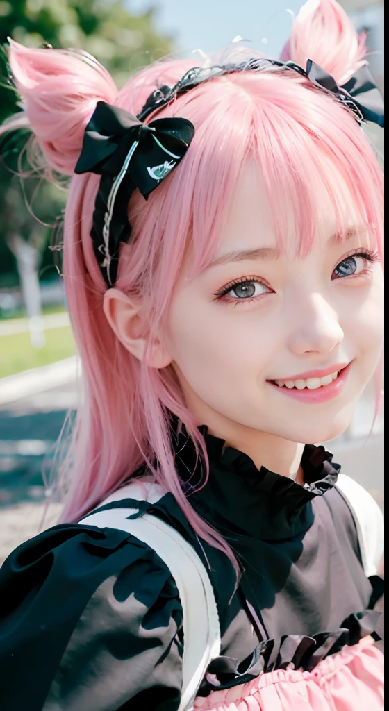 (ultra-detailliert), Frontal Face,head shot, Front view,Cute princess dresses in black,(frilly dress),(shortsleeves),Blue eyes,The upper part of the body、cowboy shot、faces、(A smile:1.5),(facing front:1.2), 20yr old, s girl,no tail,(no tail),2D, masterpiece, top-quality, animesque, A detailed eye, A detailed face, girl with, Only 1 person,Medium hair with pink hair, (Pink hair), small tits, straight haired、 Stand at the intersection、(No headband)、No ears
