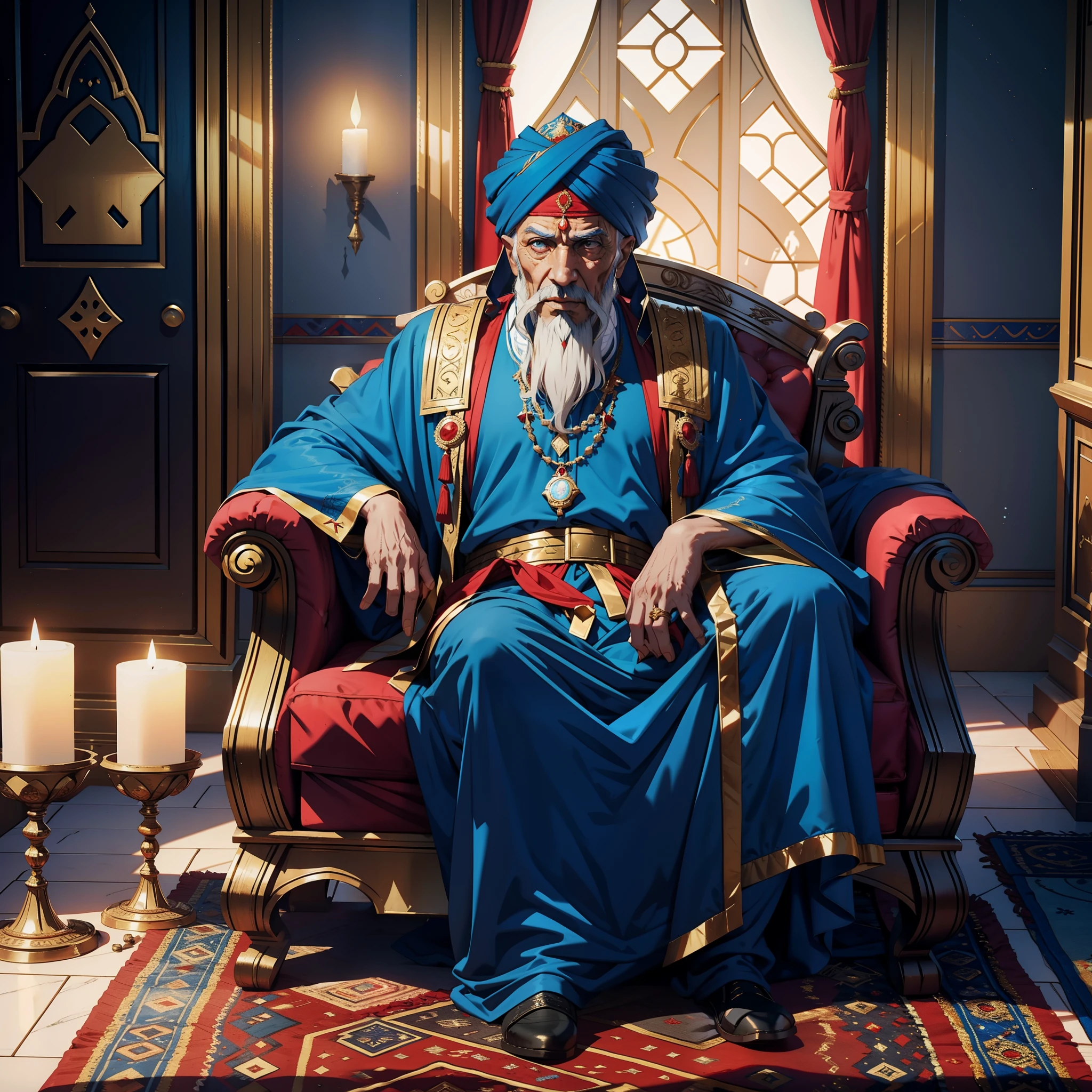 Moroccan Arab Legendary King Sultan Old Man With Blue Turban Next To Him Lord Dracula In These Red Turban Years In The Throne Room Legendary Scene View 3D Camera Scene View