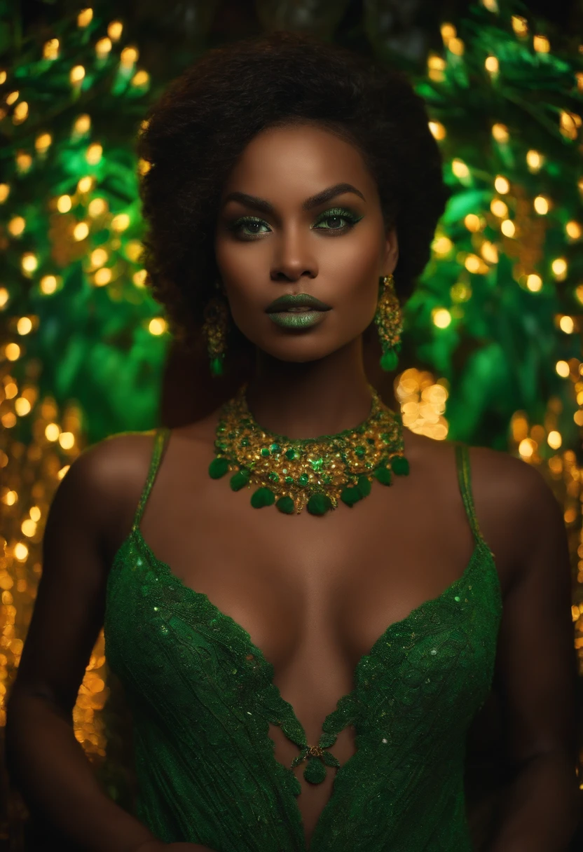 Uma mulher realista, pele morena , cabelos castanhos com luzes , olhos verdes , controla magia , poder voodoo , resonance