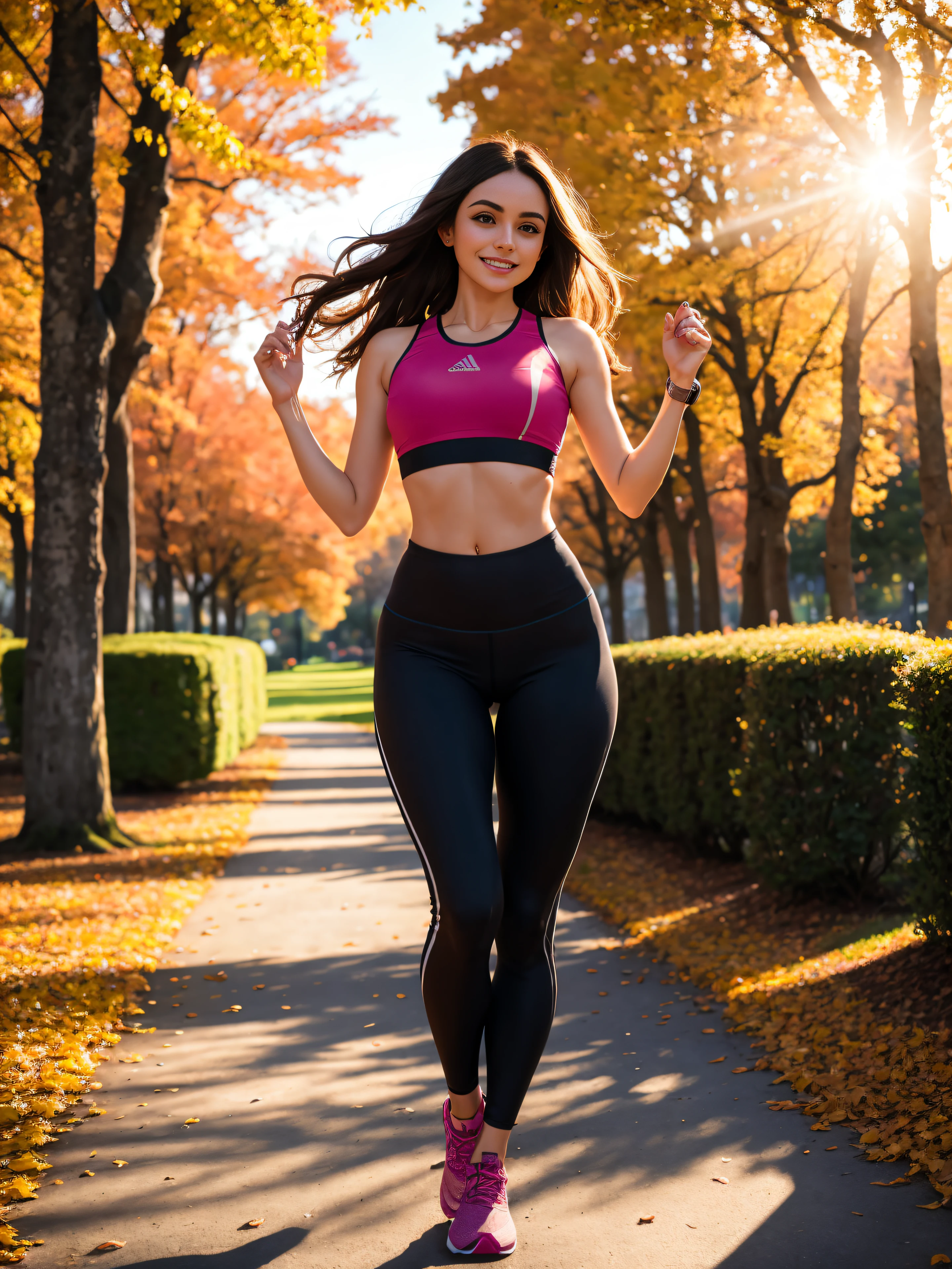 Gorgeous woman in sportswear, Tight leggings and crop top, Long, straight, floting hair, Slender figure, runner, In a beautiful park in autumn, Natural smile, Perfect Irish Face With Big Beautiful Eyes, Sunset, Colorful contrast in shadows and light, Masterpiece.