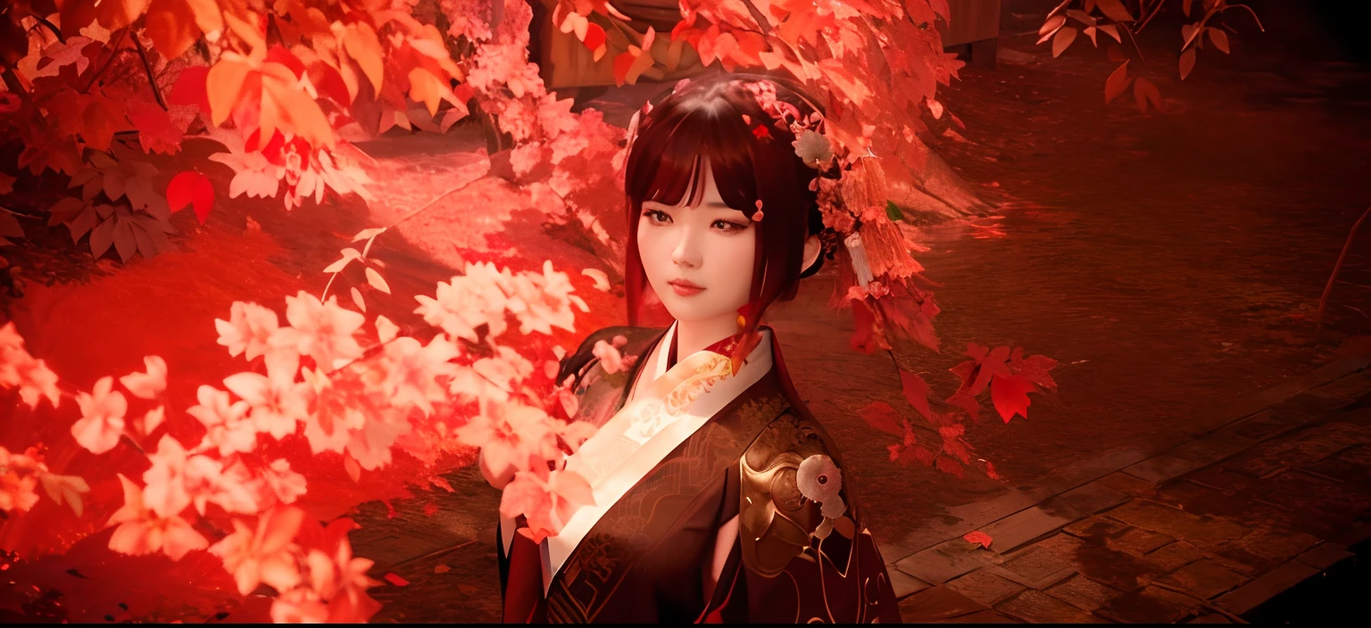 there is a woman standing under a tree with red leaves, artwork in the style of guweiz, guweiz, palace ， a girl in hanfu, hanfu, 🌺 cgsociety, 🍁 cute, chinese style, guweiz on pixiv artstation, guweiz on artstation pixiv, beautiful digital artwork, guweiz masterpiece