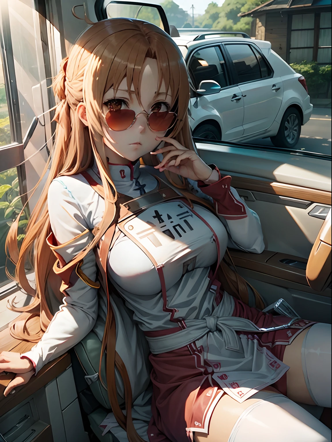 Asuna, driving a car, drinking milk and looking through the window, has sunglasses, looks badass
