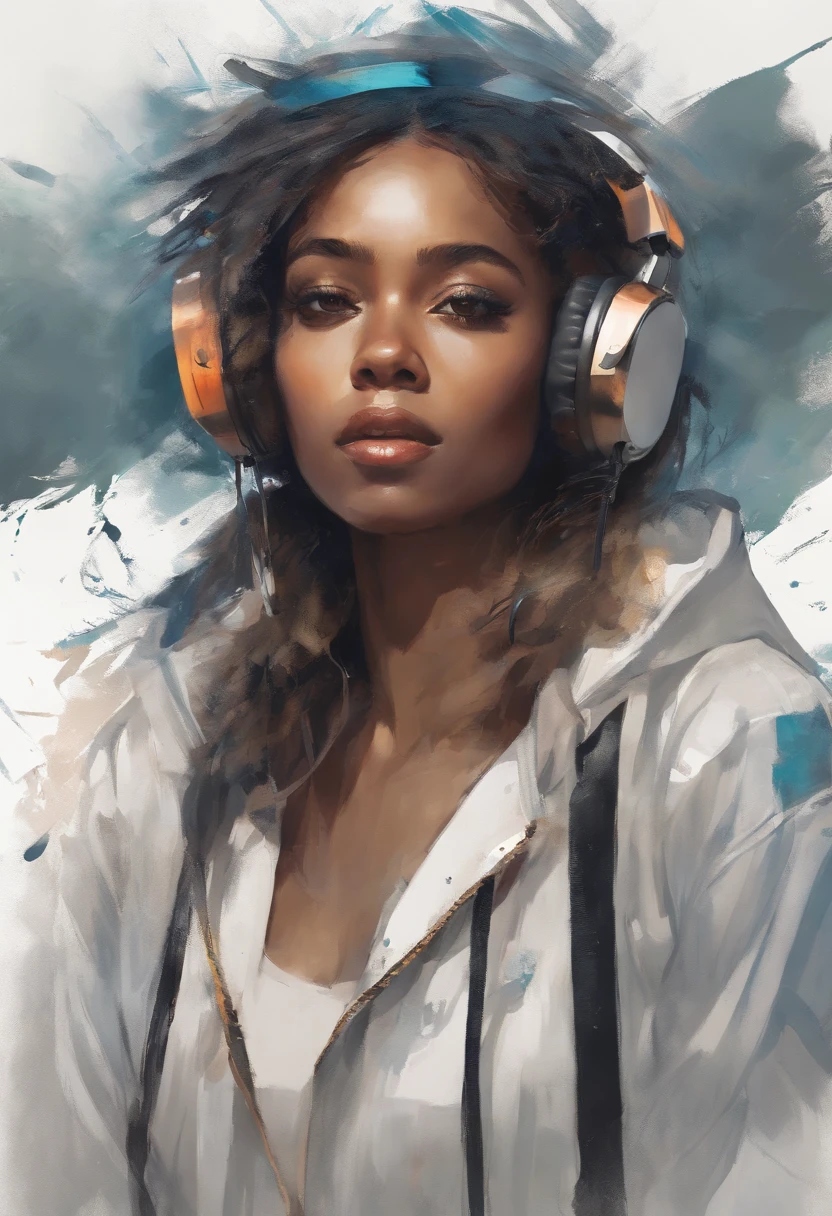 Perfect centering, Cute anime girl, Wear a student team jacket, Wearing sunglasses, Wearing headphones, cheerfulness, Standing position, Abstract beauty, Centered, Looking at the camera, Facing the camera, nearing perfection, Dynamic, Highly detailed, smooth, Sharp focus, 8K, high definition resolution, illustration, Art by Carne Griffiths and Wadim Kashin, White background, black person, write aries on picture