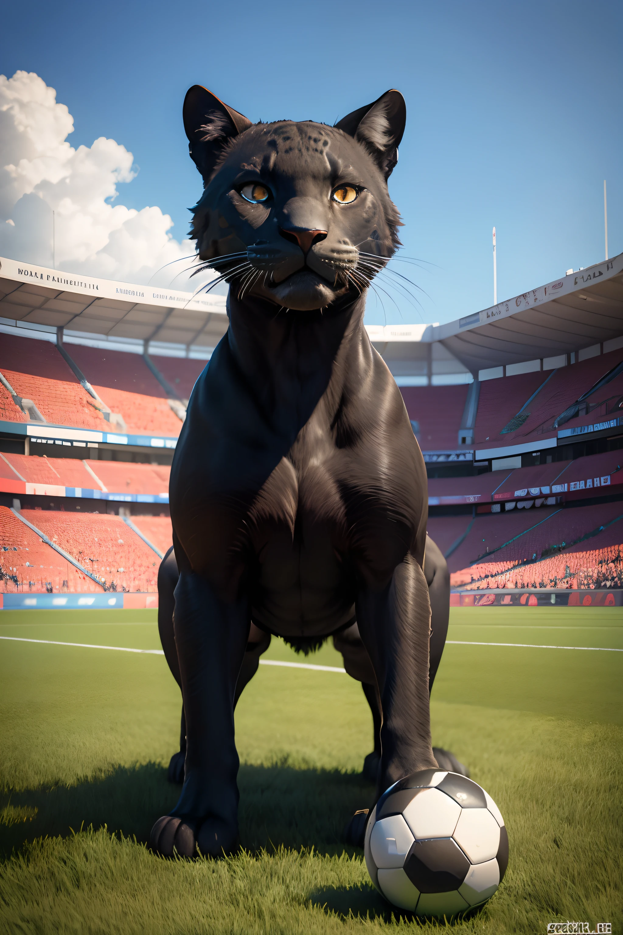 Please create a new 3d mascot for a black jaguar field soccer club, adulta, of the Felidae family, standing on its hind legs, Its paws should be dressed in cleats and its right paws should be on a field soccer ball with hexagonal buds, com cores alternadas entre o branco e preto. The expression of this mascot should be friendly and helpful.