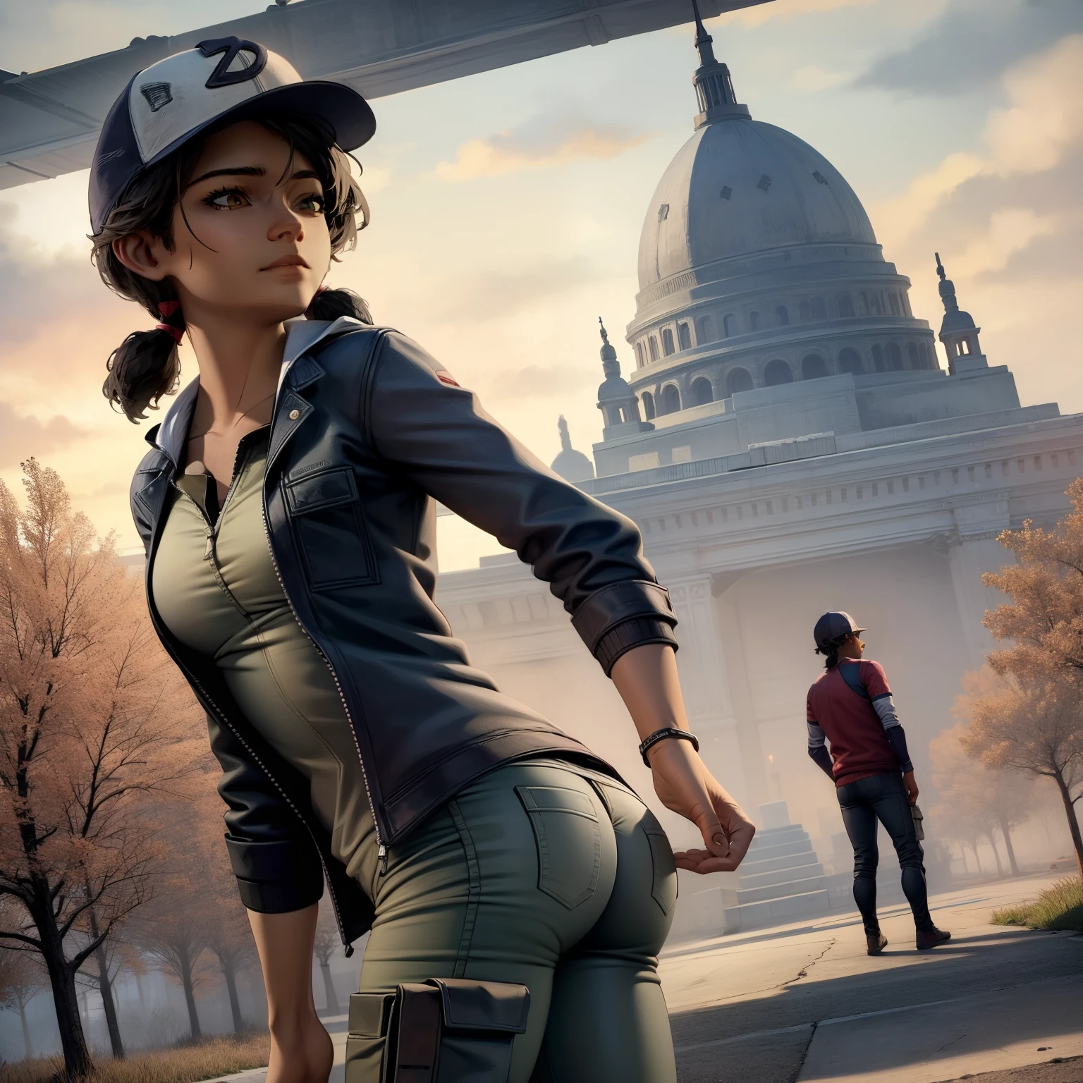 ((masterpiece, best quality)),(complex lighting) , solo,1girl,upper body, clementine,  dark skin,dark-skinned female,  baseball cap, green cargo pants, tight pants, shirt, short twintails,open jacket, big butt