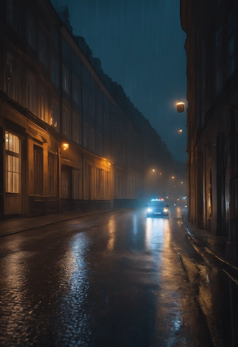 Police chase through the streets of Copenhagen at night, photorealistic, rain.