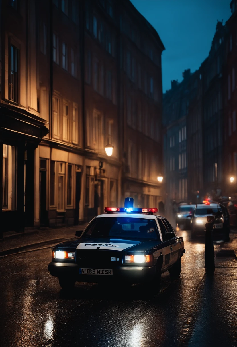 Police chase through the streets of Copenhagen at night, photorealistic, rain.