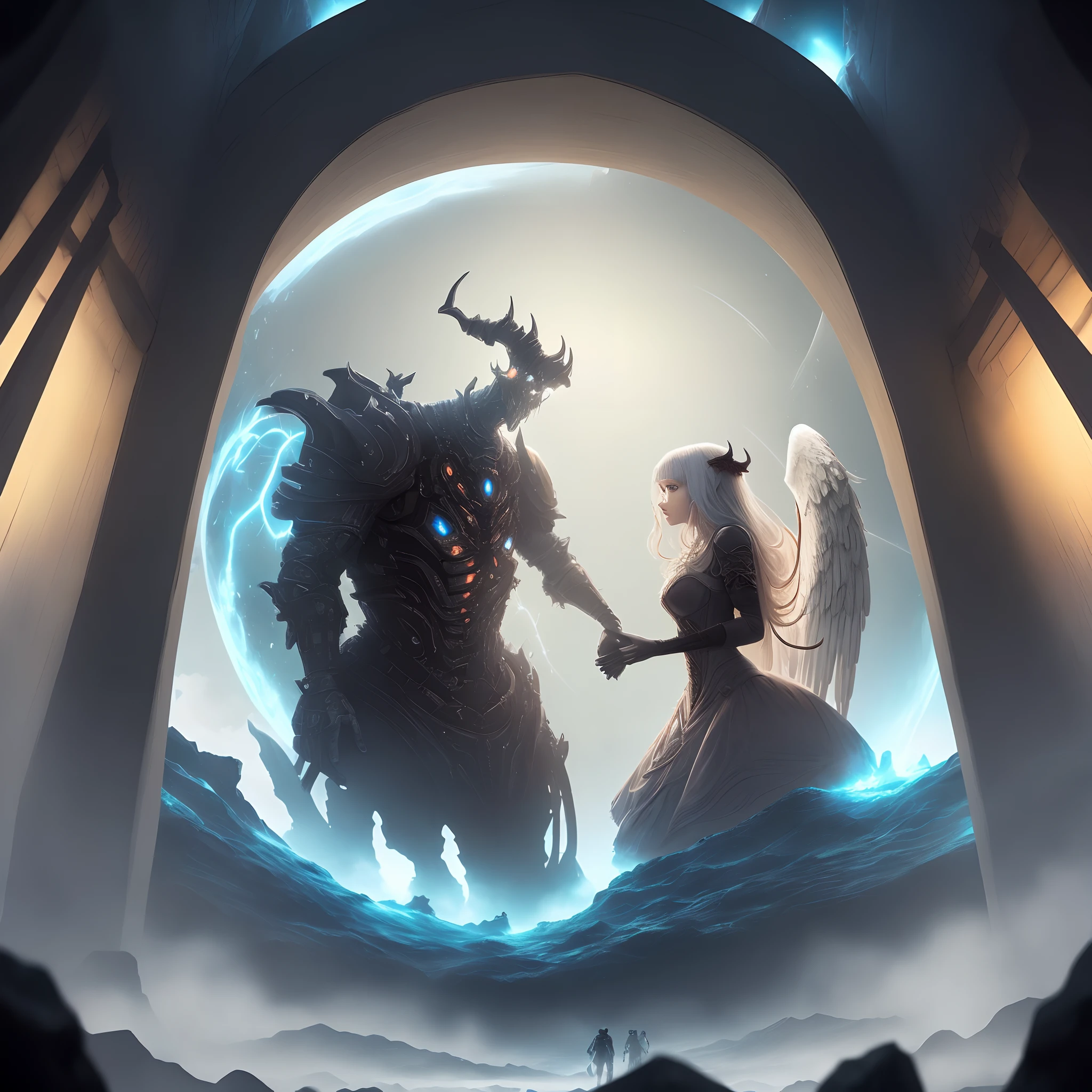Create a story where interdimensional portals open, Bringing Demons, Angels and aliens to a surreal world where they must cooperate to survive( 4800 x 4200 )