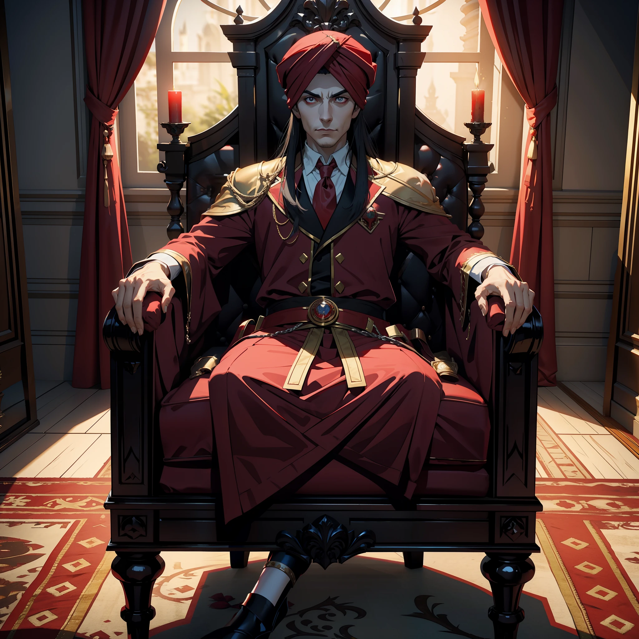 Lord Dracula in these red turban 15 Years in the Legendary Throne Room Scene View 3D Camera Scene View Three Points Perspective Shot Lower View