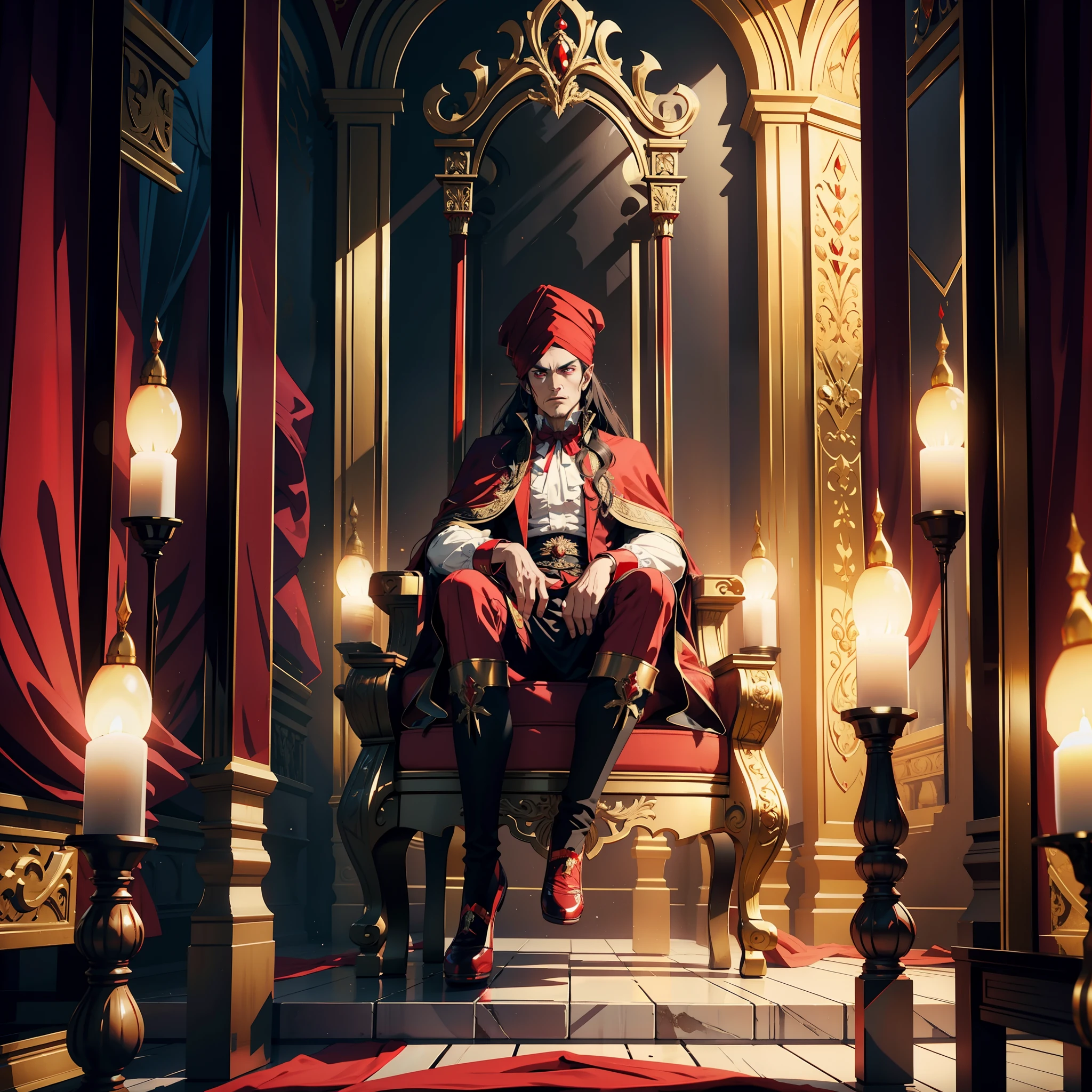 Lord Dracula in these red turban 15 Years in the Legendary Throne Room Scene View 3D Camera Scene View Three Points Perspective Shot Lower View