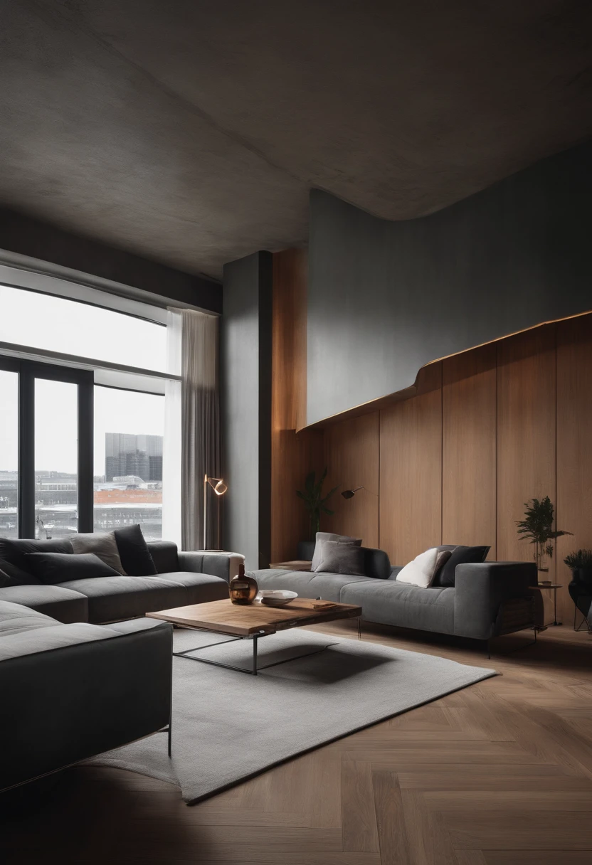 Classy upscale apartment, futuristic interior design, concrete and wood, view of copenhagen.