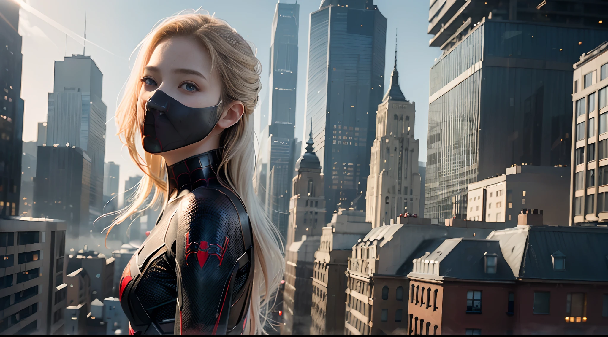 (1girl:1.3), Solo, (((Very detailed face)))), ((Very detailed eyes and face)))), Beautiful detail eyes, Body parts__, Official art, Unified 8k wallpaper, Super detailed, beautiful and beautiful, beautiful, masterpiece, best quality, original, masterpiece, super fine photo, best quality, super high resolution, realistic realism, sunlight, full body portrait, amazing beauty, dynamic pose, delicate face, vibrant eyes, (from the front), She wears Spider-Man suit, red and black color scheme, spider, very detailed city roof background, rooftop, overlooking the city, detailed face, detailed complex busy background, messy, gorgeous, milky white, highly detailed skin, realistic skin details, visible pores, clear focus, volumetric fog, 8k uhd, DSLR, high quality, film grain, fair skin, photo realism, lomography, futuristic dystopian megalopolis, translucent