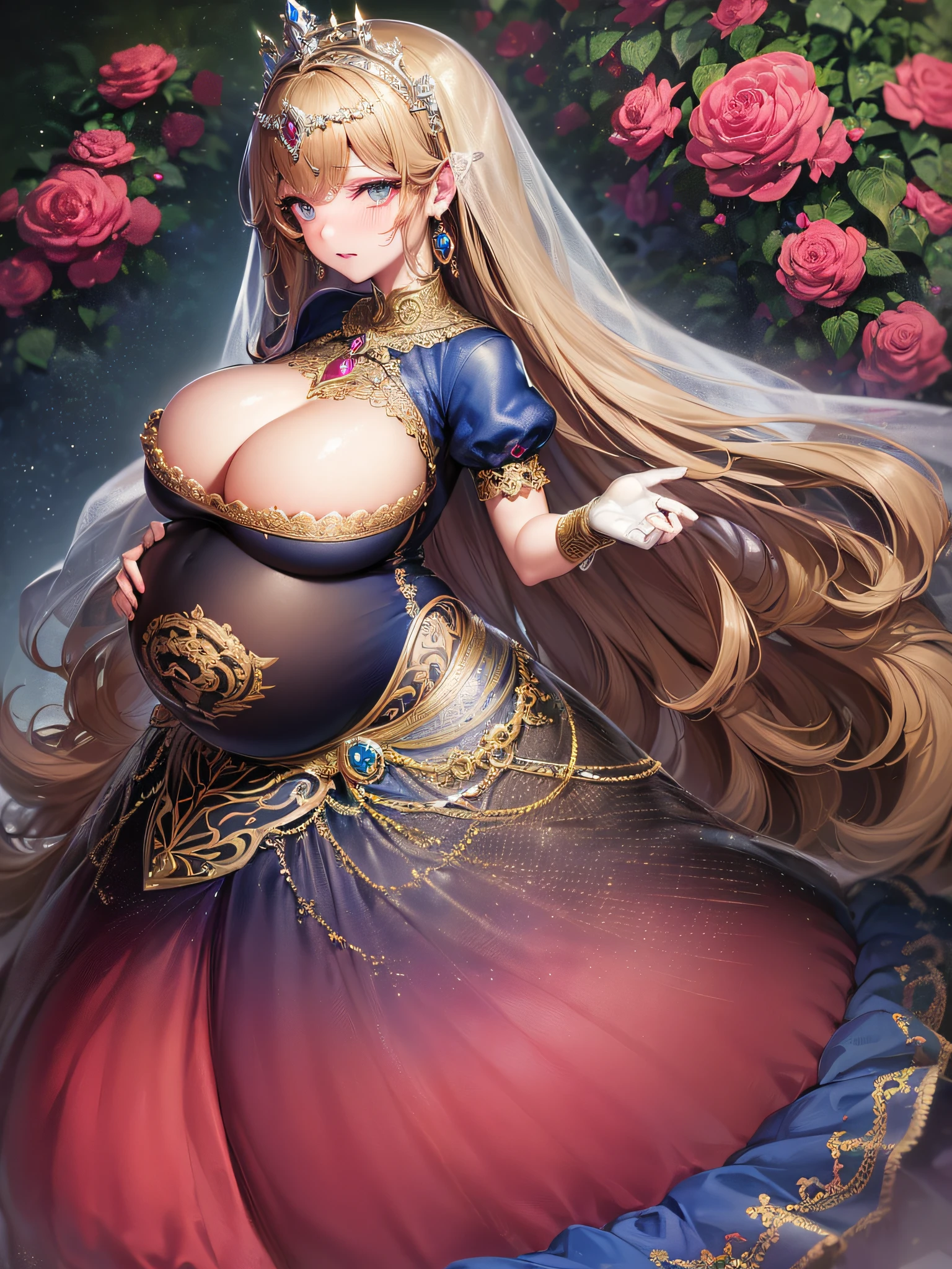 ((anime artstyle)),(Masterpiece),(Best Quality), (Super Detail),(Highly Detailed CG Unity 8k wallpaper),((Very Delicate and Beautiful)),cinematic lighting,1 pregnant girl,((full body portrait)),((standing in garden)),((solo)),(((1 heavily pregnant princess in gorgeous embroidery and jeweled extremely gorgeous rococo princess ballgown with voluminous full length hoop skirt))),(((heavily pregnant))),(((huge crinoline hoopskirt))),long train,((gorgeous embroidery and jeweled)),voluminous frills,See-through,(((extremely gigantic tits,skindentation))),cleavage,((absurdly Long Straight Hair,extremely voluminous Straight long Hair,absurdly Long Straight Hair)),(finely detailed face and eyes),((embarrassed)),anguish,clear pupil,extremely gorgeousfull hair ornament,(bling-bling jeweled extremely gorgeousfull tiara),((bling-bling gorgeous gemstone jewelry)),gorgeous long veil,((ultra long gloves)),(beautiful background),(full body),((gorgeous embroidery and jeweled extremely gorgeous rococo princess ballgown with voluminous full length hoop skirt))