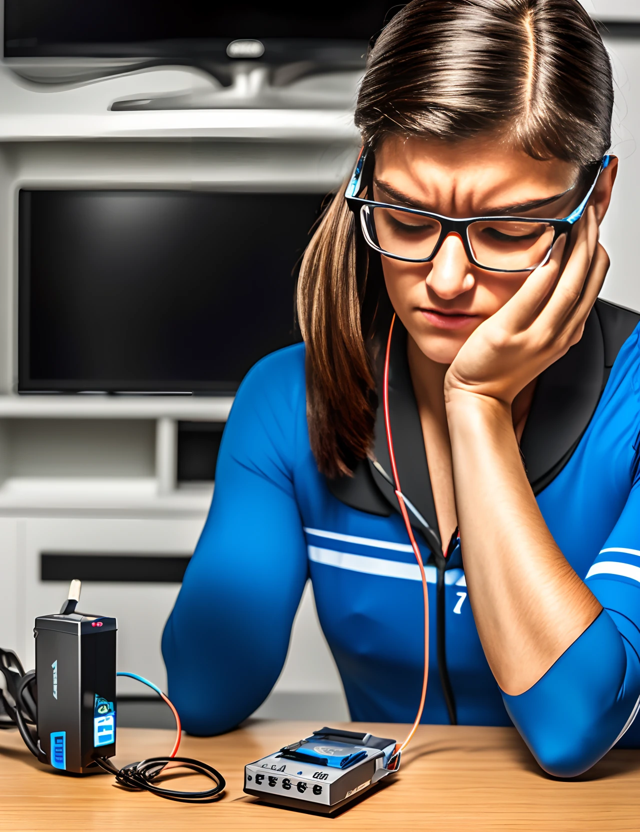 Nerdy electronics girl sad about power meter