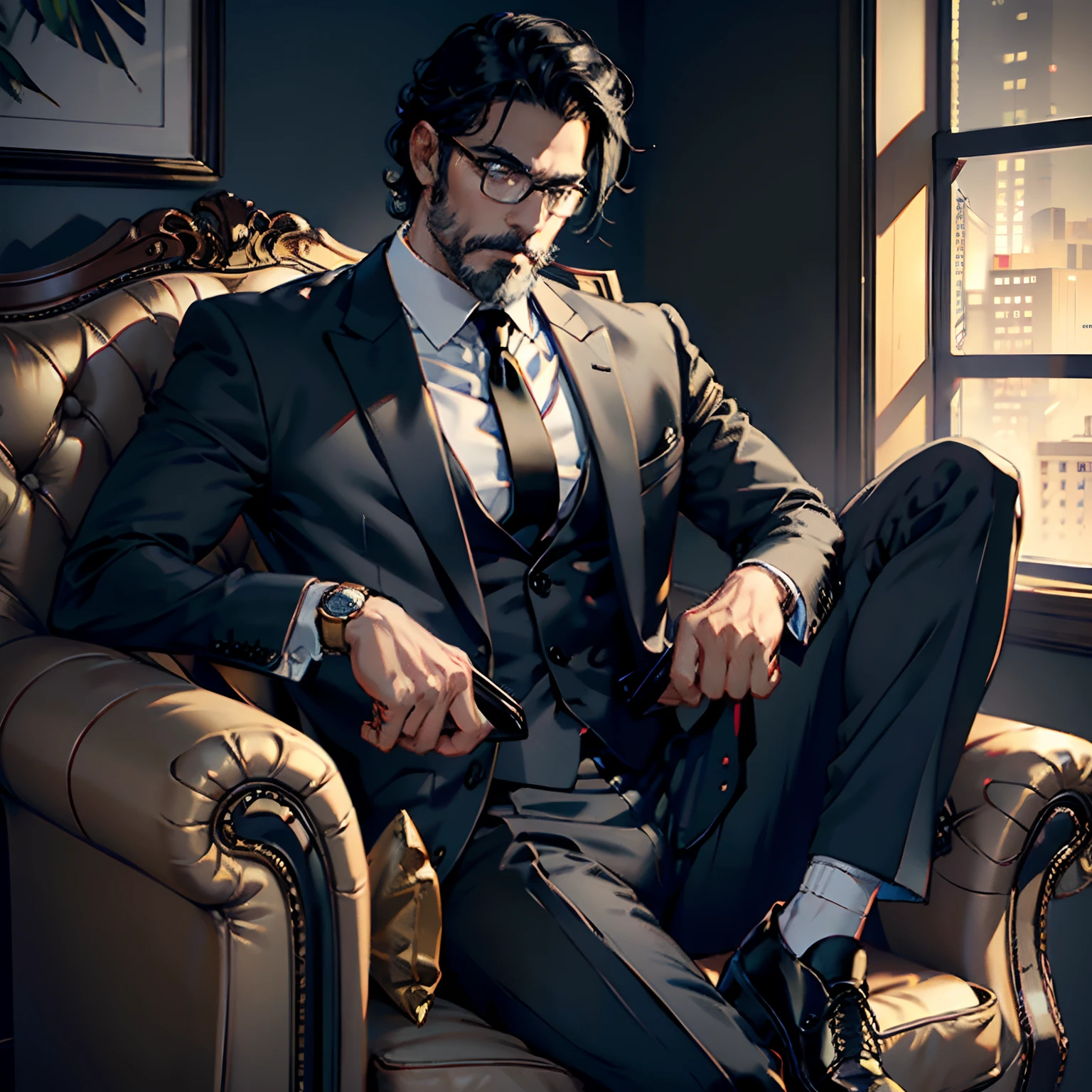 8K,HighestQuali,Highest image quality,tmasterpiece,Master illustration,1male people,closeup cleavage,Middle aged,Black beard,Thick eyebrows,middle aged man,middle aged man,Black beard,Pure black style,White-colored skin,Gold-tone watch,with short black hair,Cheerful laughter,Black beard,black-frame glasses,eye glass,In black suit,black long pants,Long legs,leather shoes,Black pupils,Insidious and cunning