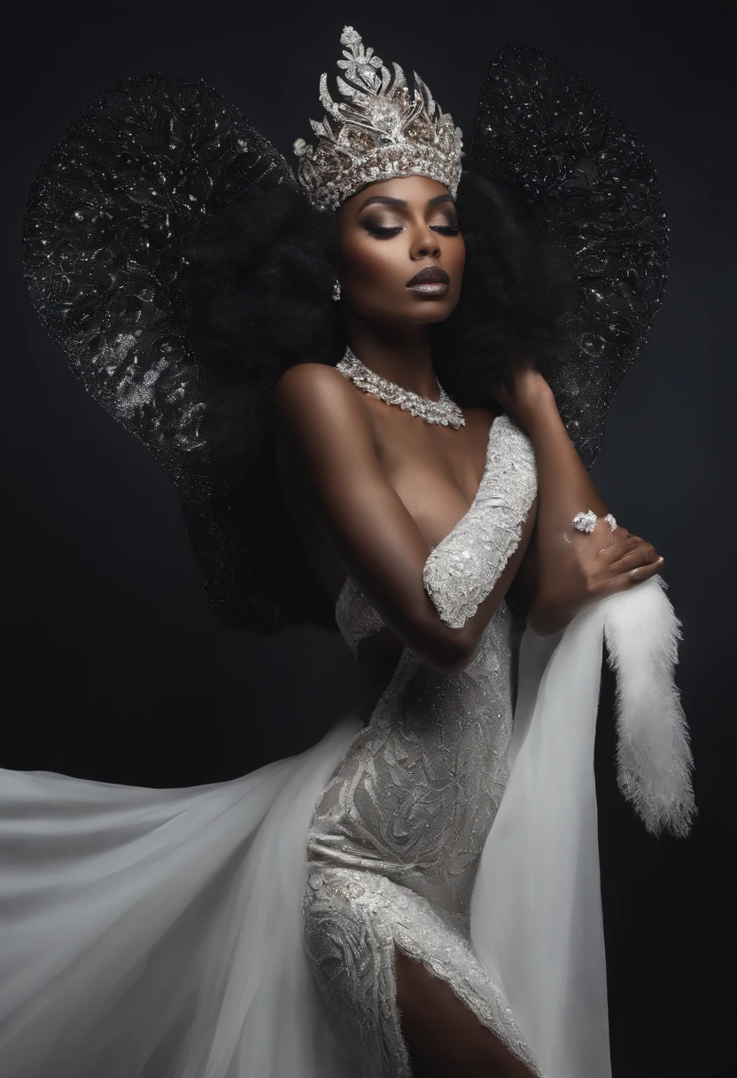 qualidade superior、mulher pele negra bonita、{{{The whole body is shown}}}、Fantasia de coelho preto、tiara de olhereas de coelho branco、Rabo branco com manchas de sangue、fantasia.