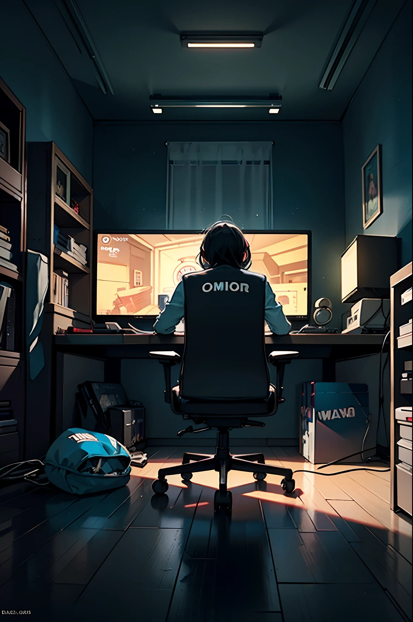 Back of a gamer, playing in a gaming room, dark room, Ultra HD, lot of details,  full black gaming chair large plan, the light just come from the pc gamer, detailed room