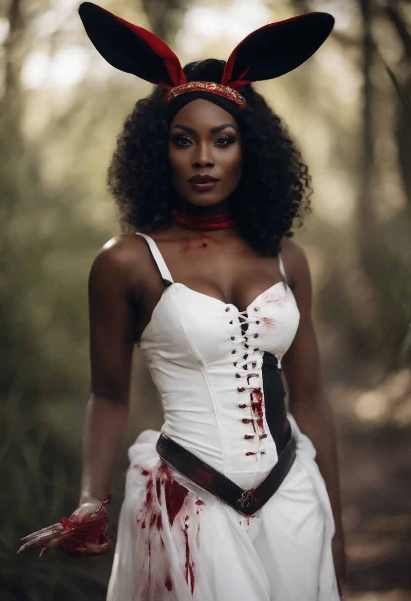 top quality、beautiful black skin woman、{{{The whole body is shown}}}、Black rabbit costume、white rabbit headband、White tail with blood stains、costume.