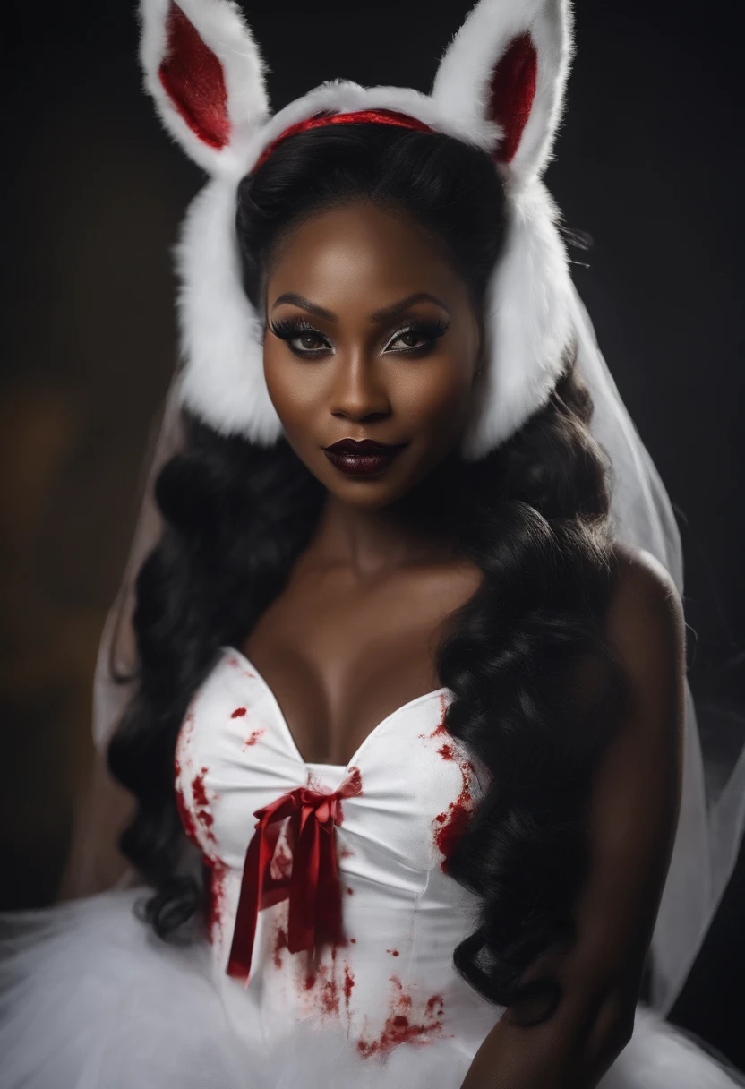 top quality、beautiful black skin woman、｛｛｛The whole body is shown｝｝｝、Black rabbit costume、white rabbit headband、White tail with blood stains、costume.