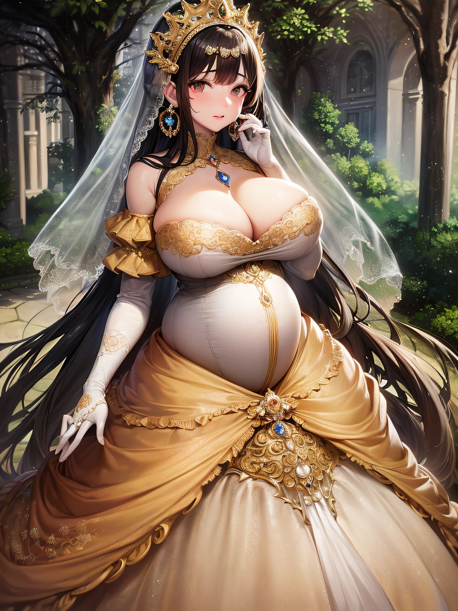 ((anime artstyle)),(Masterpiece),(Best Quality), (Super Detail),(Highly Detailed CG Unity 8k wallpaper),((Very Delicate and Beautiful)),cinematic lighting,1 pregnant girl,((full body portrait)),((standing in garden)),((solo)),(((1 heavily pregnant princess in gorgeous embroidery and jeweled extremely gorgeous rococo princess ballgown with voluminous full length hoop skirt))),(((heavily pregnant))),(((huge crinoline hoopskirt))),long train,((gorgeous embroidery and jeweled)),voluminous frills,See-through,(((extremely gigantic tits,skindentation))),cleavage,((absurdly Long Straight Hair,extremely voluminous Straight long Hair,absurdly Long Straight Hair)),(finely detailed face and eyes),((embarrassed)),anguish,clear pupil,extremely gorgeousfull hair ornament,(bling-bling jeweled extremely gorgeousfull tiara),((bling-bling gorgeous gemstone jewelry)),gorgeous long veil,((ultra long gloves)),(beautiful background),(full body),((gorgeous embroidery and jeweled extremely gorgeous rococo princess ballgown with voluminous full length hoop skirt))