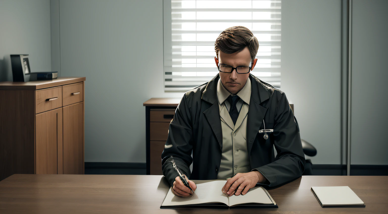 adult man, 1boy, poorly lit room, solo, doctor's coat ,best quality, ultra high res, SCP Foundation Facility, Sitting man, Wooden desk, No windows, no light