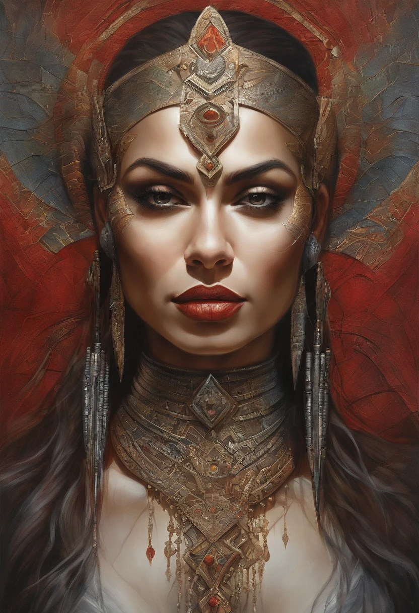 futuristic indigenous futurism,actress priyanka chopra as An advanced cybernetic cyborg indian Hindu goddesses of war, sensuality,artistic details,cyberpunk hindu mythology,epic sci-fi fantasy, centered,in the style of Nick Alm fantastical futuristic fantasy compositions, dark prism, dark, metallic compositions, symmetrical arrangements, iridescent metallic colors , distinctive noses, ethereal,blood splatter colorful, eye-catching metallic compositions, symmetrical geometry, distinctive noses, gothic references, with a bold lines and streaks of black,white,red, gold and silver, fantasy sci-fi art, a detailed painting, ,Alex Alemany merge Karol Bak, make her spanish white