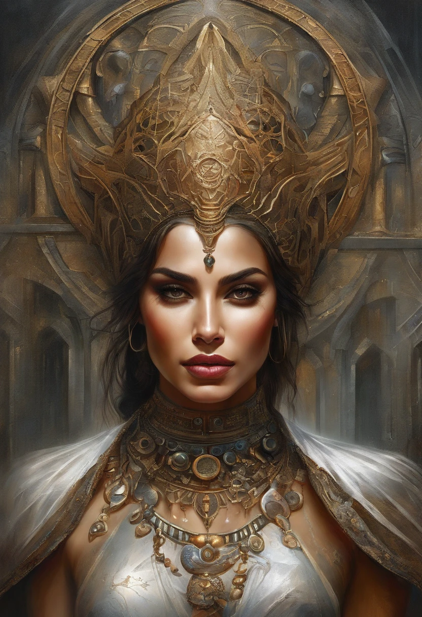 futuristic indigenous futurism,actress priyanka chopra as An advanced cybernetic cyborg indian Hindu goddesses of war, sensuality,artistic details,cyberpunk hindu mythology,epic sci-fi fantasy, centered,in the style of Nick Alm fantastical futuristic fantasy compositions, dark prism, dark, metallic compositions, symmetrical arrangements, iridescent metallic colors , distinctive noses, ethereal,blood splatter colorful, eye-catching metallic compositions, symmetrical geometry, distinctive noses, gothic references, with a bold lines and streaks of black,white,red, gold and silver, fantasy sci-fi art, a detailed painting, ,Alex Alemany merge Karol Bak, make her spanish white