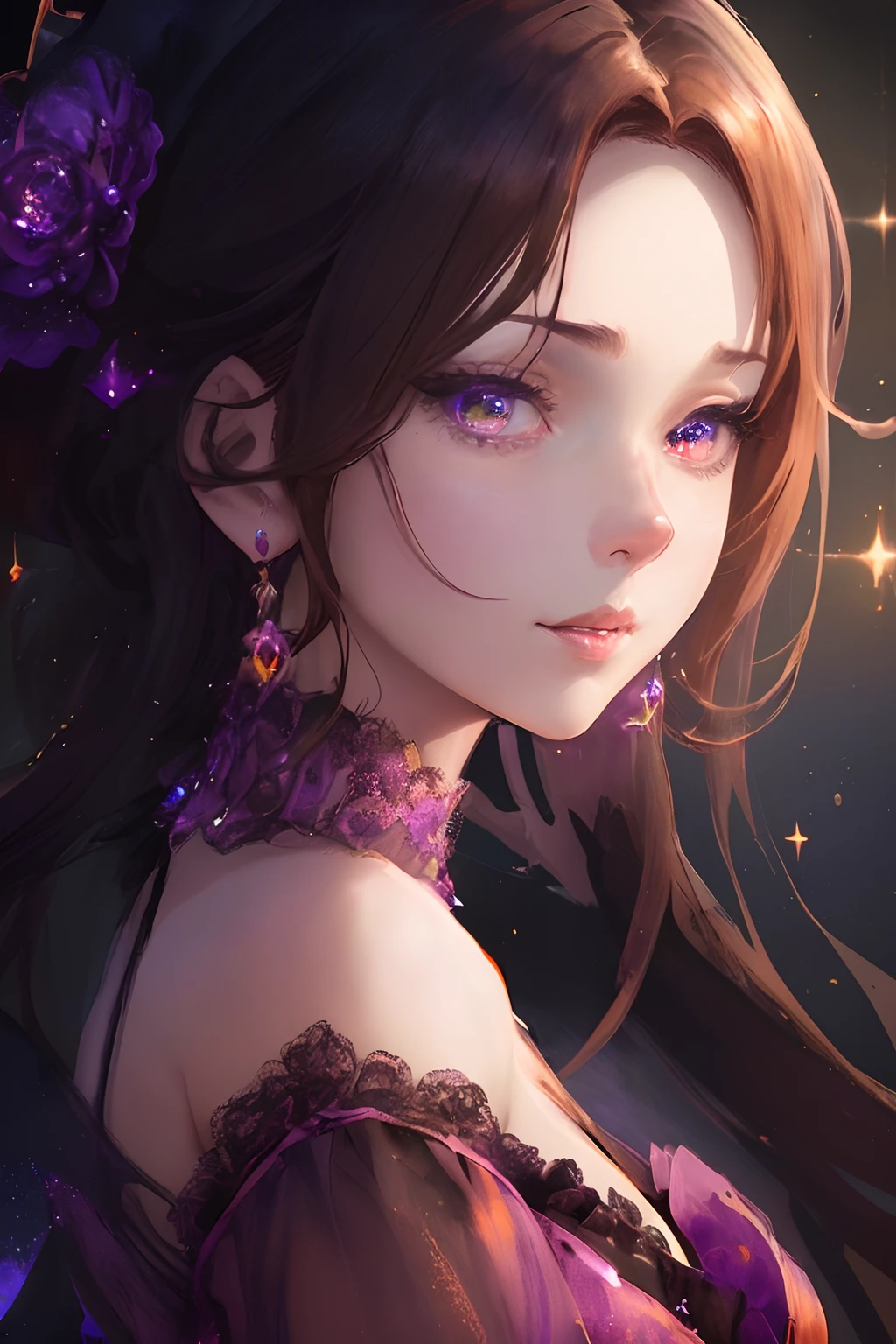 a beautiful Woman turned around,18 years old woman, Half body portrait, black and purple Witch costume,
Jack-o-lantern, Kyoto Animation style, WLOP Style WAGMI Cool Woman, Russian beauty face, Halloween Festival,
orange brown hair, concept art, beautiful nose, not cut of top, in the style of insanely detailed illustrations,
Witch hat ,zbrush, purple core, sparkle-effect, beautiful moon night, twinkling stars,
anime-influenced, wind-effect, shimmering lighting, masterpiece,