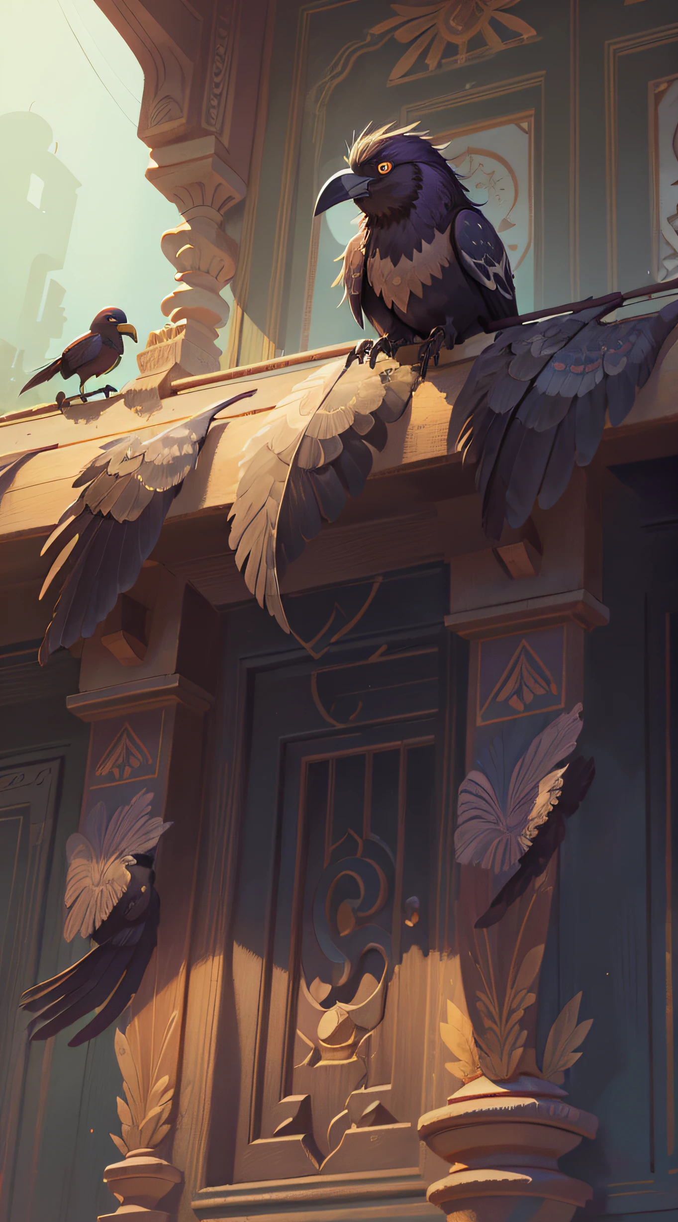 a crow eating at the balcony of palace, rich Indian man watching, raven, (masterpiece), illustration, 4k, detailed wings, detailed raven, crow eyes open, (detailed eyes)