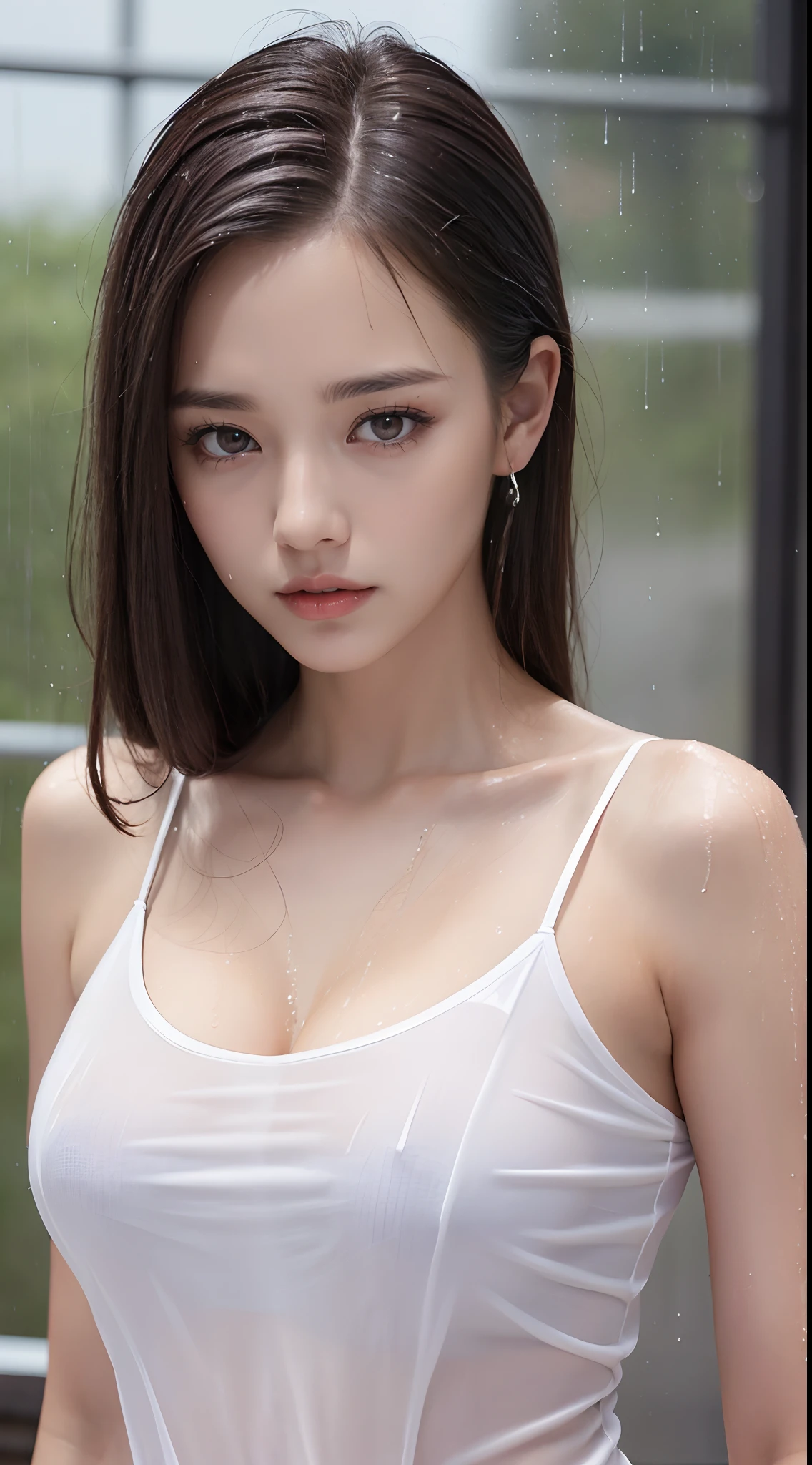 (Best quality, 4k, Masterpiece :1.3), pretty woman, 1girl, sexy :1.1, dark brown hair: 1.1, (rainy wet, wet from rain, wet body :1.2), white tank tops, ultra-detailed face, detailed lips, detailed eyes, double eyelid