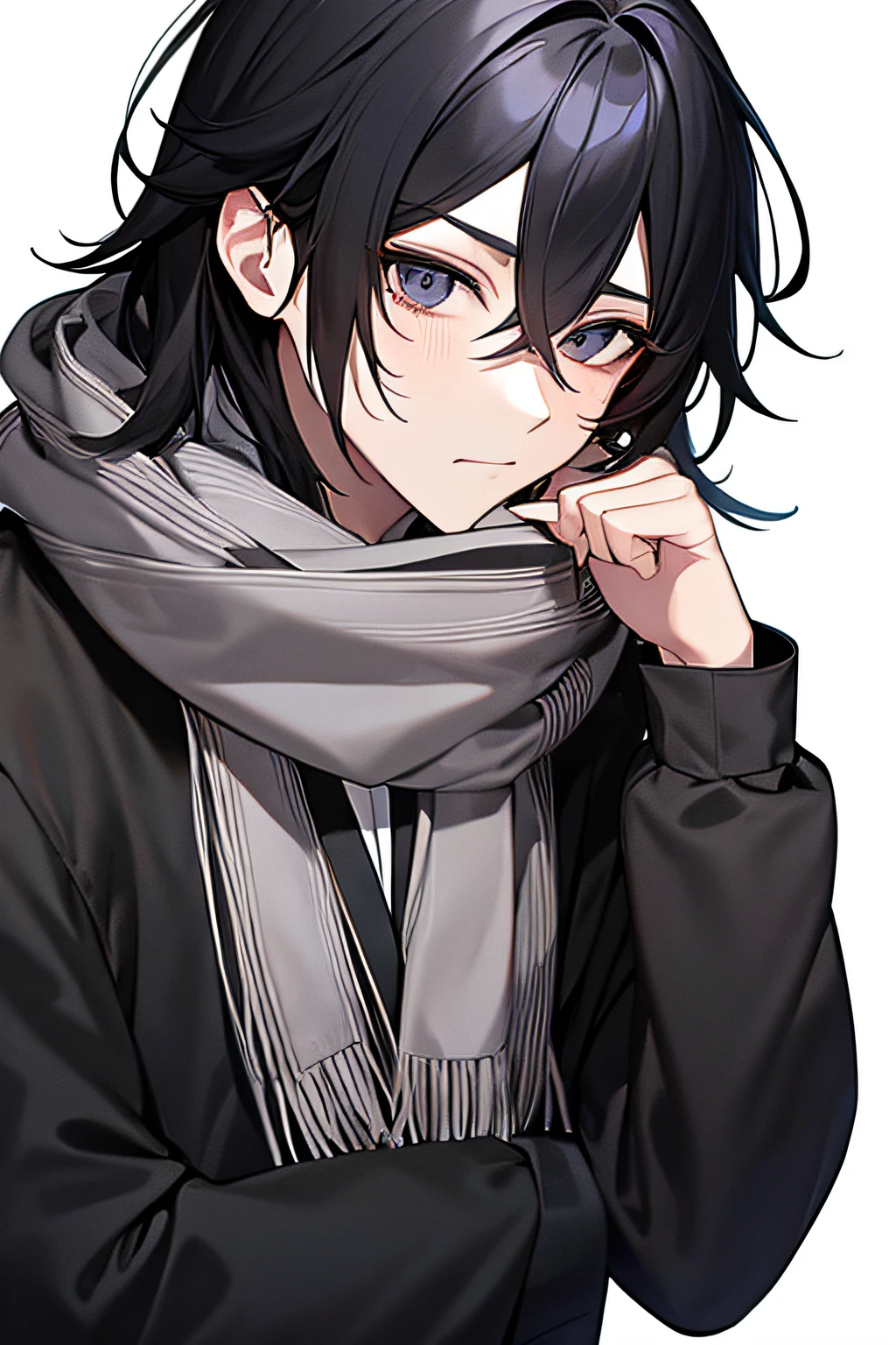 serious male anime character with black messy hair wearing black long sleeve shirt and a stripped scarf covering the face (ultra high quality 32k, masterpiece, white background)