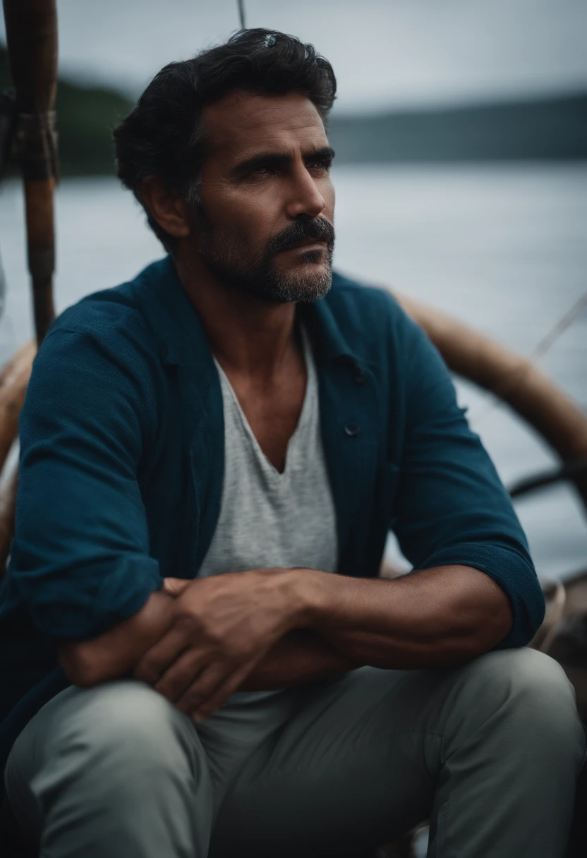 Un homme latino avec une barbe courte,, maigre, 55 ans,Maintenant, erect,  grand, pose sensuelle , Sitting on a stone with open legs in the desert under the sun