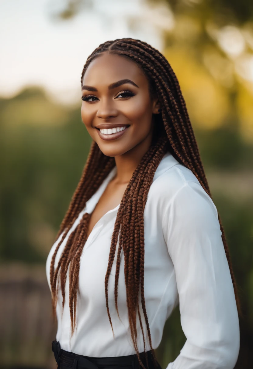 Beautiful black woman with detailed brown box braids, big brown eyes, long eyelashes, white plain shirt, smiling, realistic, 4k hd Nikon camera shot, facing forward