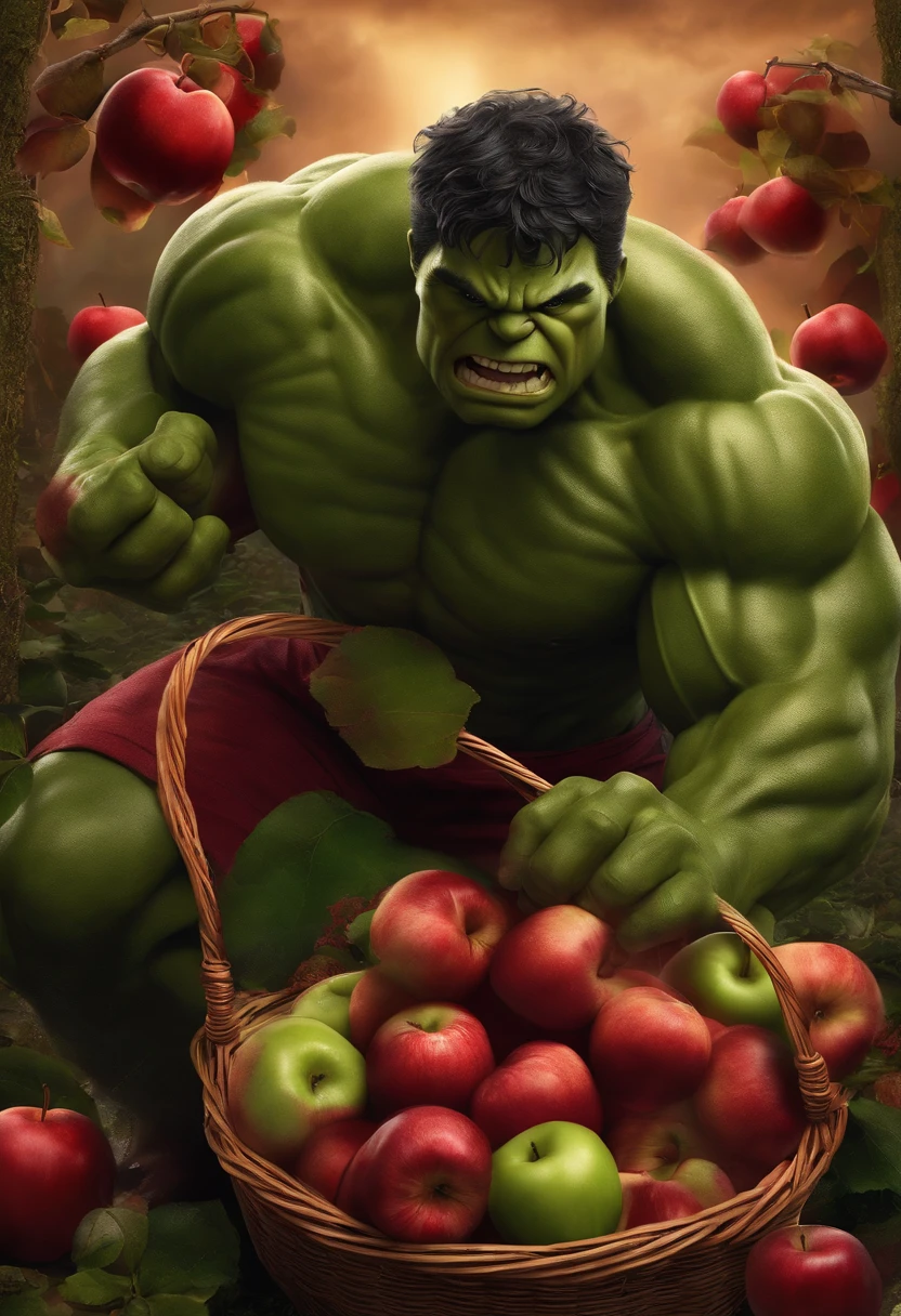 Hulk is harvesting a lot of giant red apples inside a basket with the shield, Too many apples falling from the sky